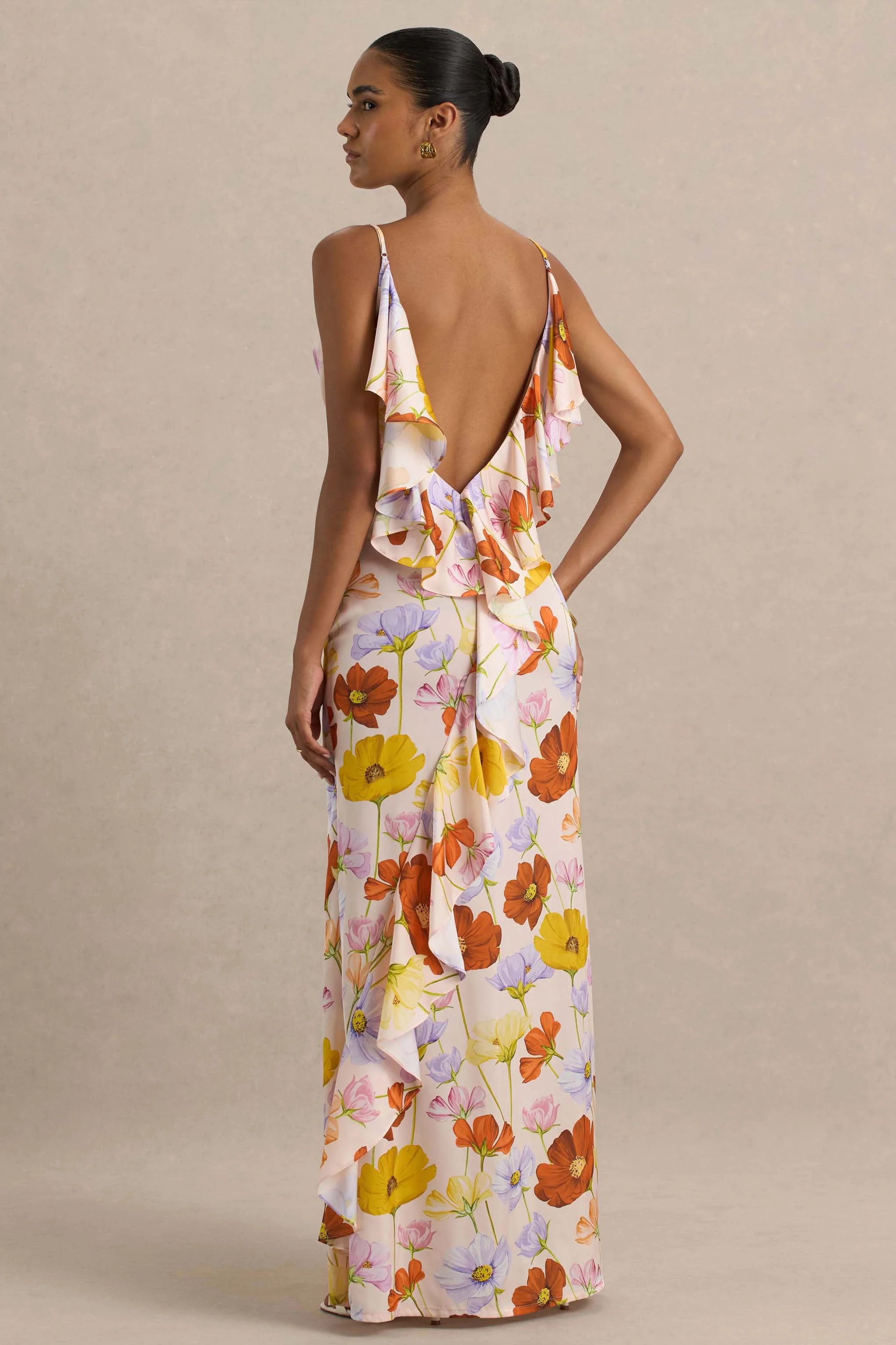 Thames | Bright Floral Print Satin Cowl-Neck Maxi Dress - Image 2