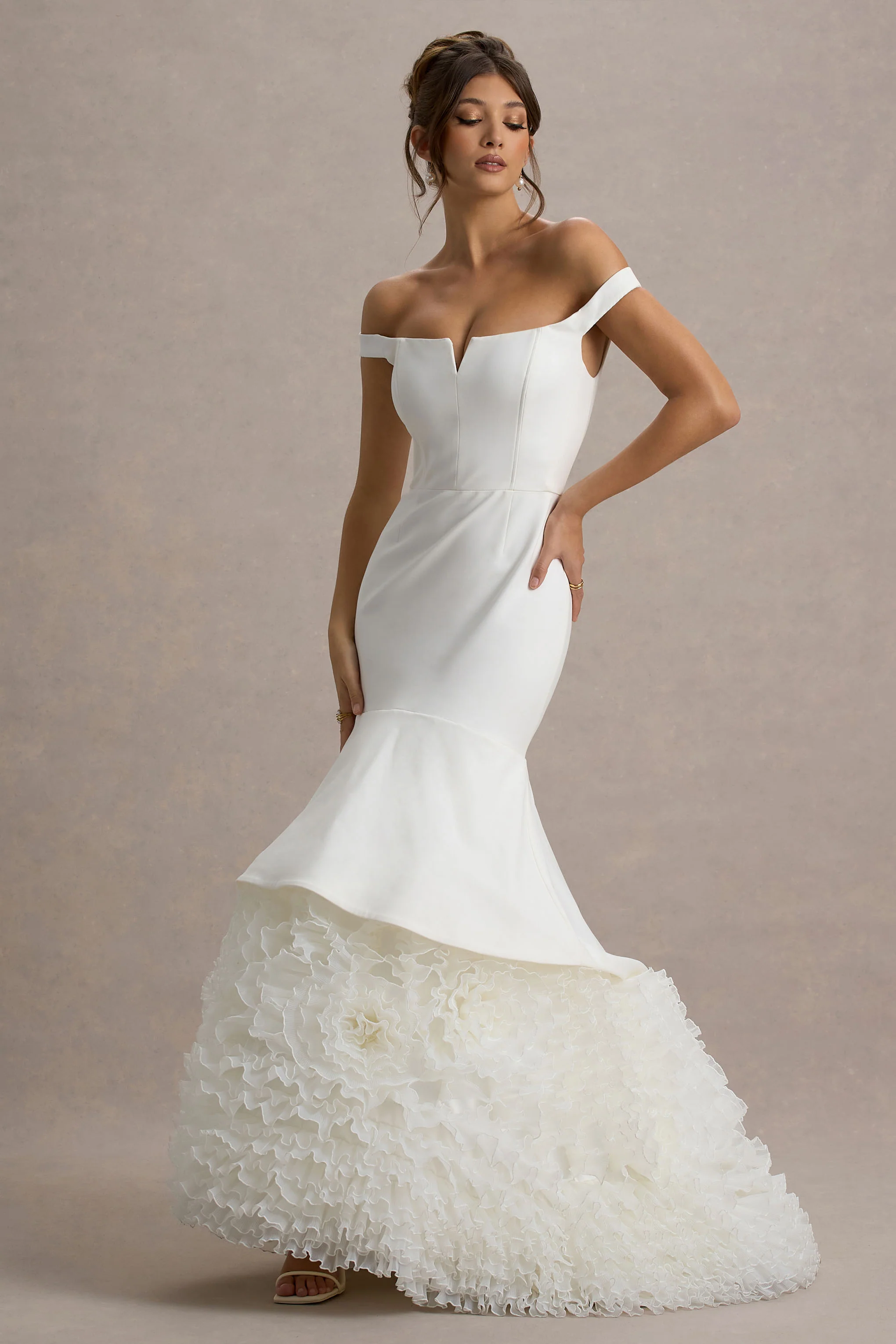 The Greatest | White & Cream Bardot Maxi Dress With Tulle Skirt - Image 5