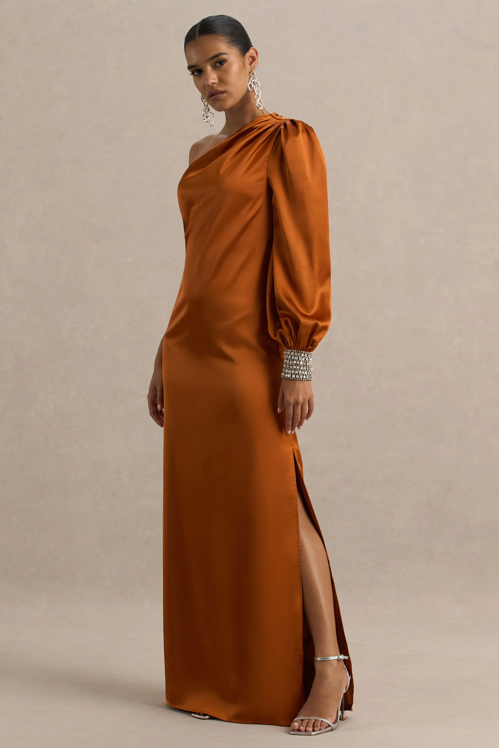 Thelma | Orange Satin Asymmetric Maxi Dress With One-Sleeve - Image 4