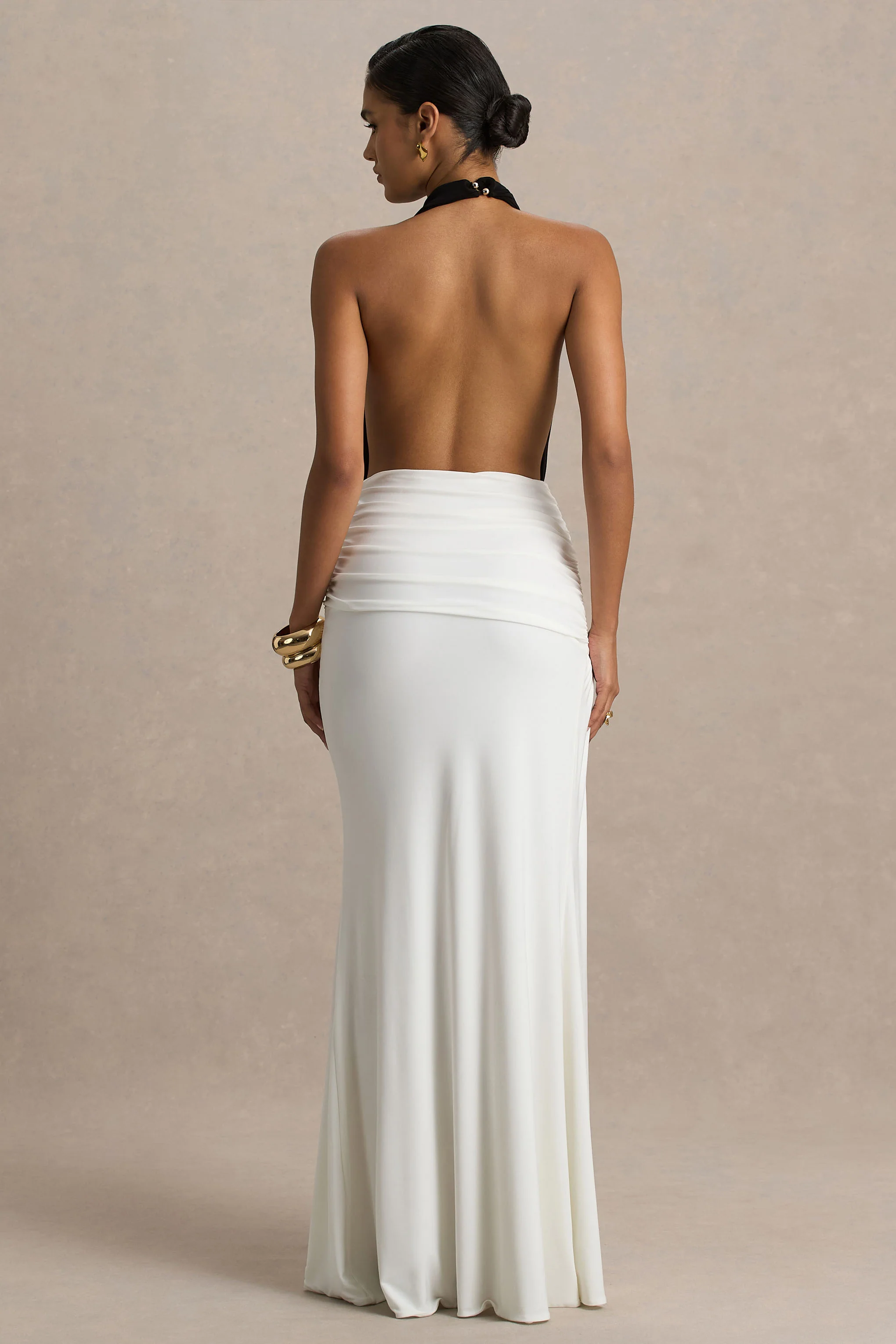 Tilly | Black And White Extreme-Plunge Neck Maxi Dress With Wrap And Ruched Details - Image 2