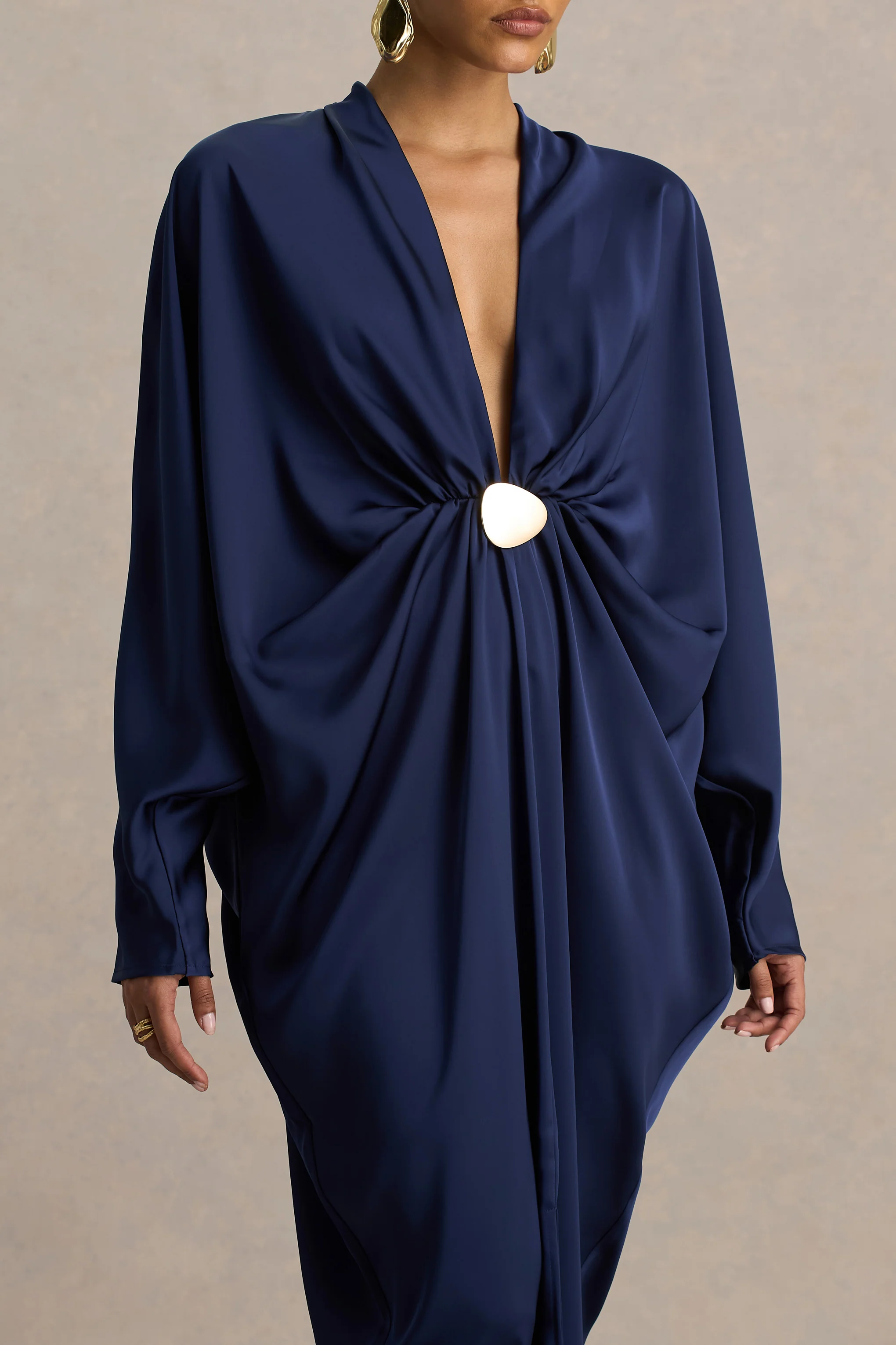 Tina | Navy Satin Plunge-Neck Embellished Maxi Dress - Image 4