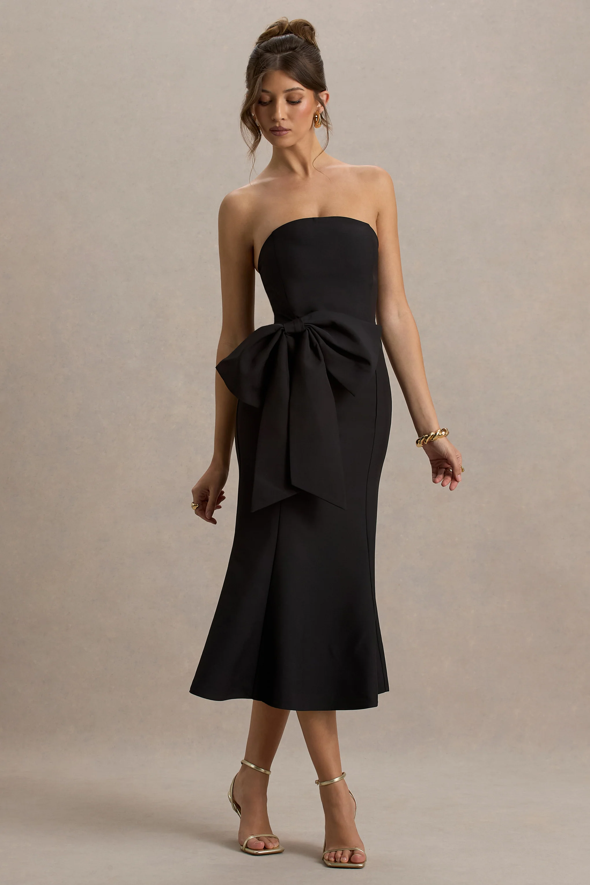 To Me | Black Bandeau Midi Dress With Oversized Bow - Image 4