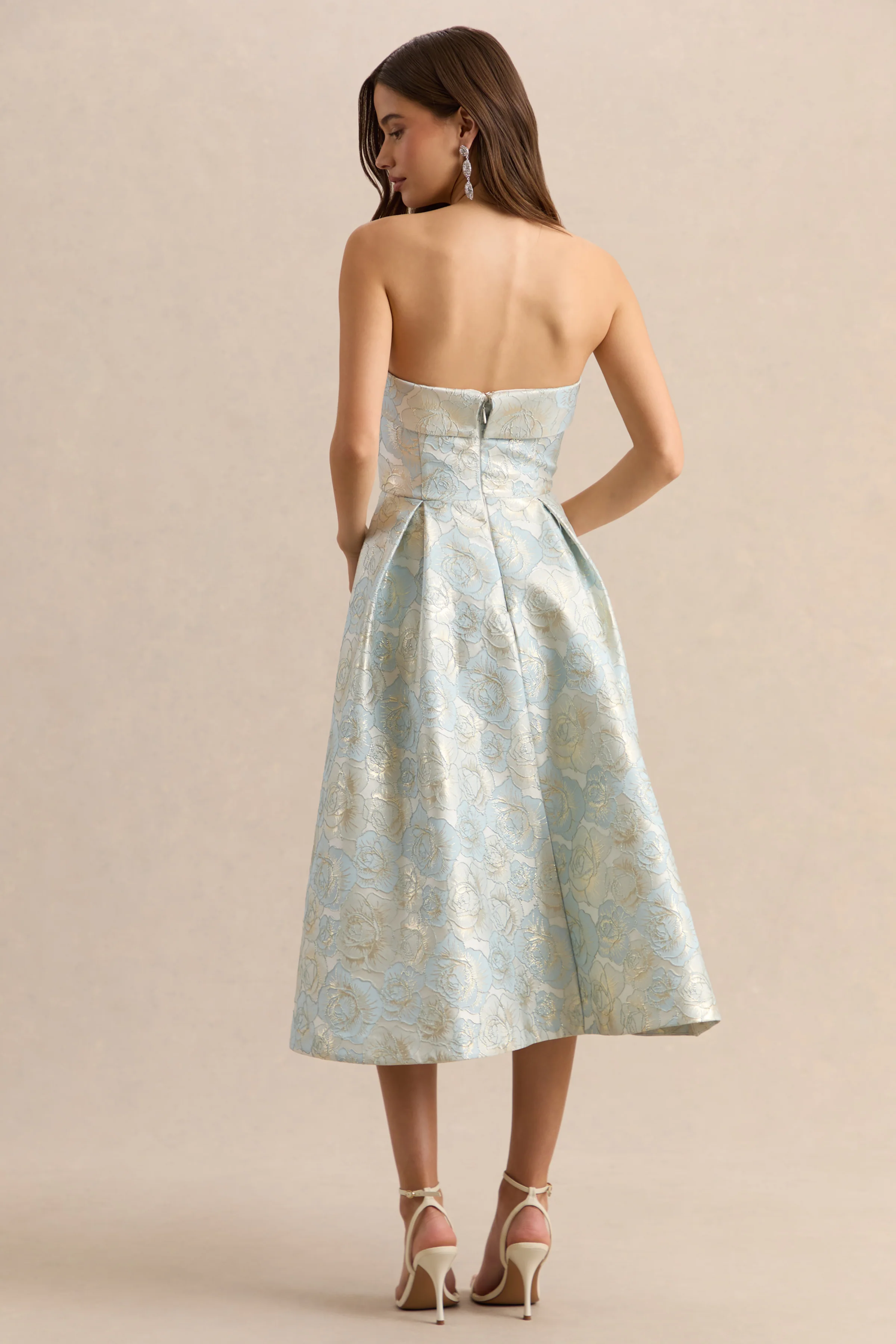 Tori | Powder Blue Jacquard Bandeau Skater Midi Dress - Image 2