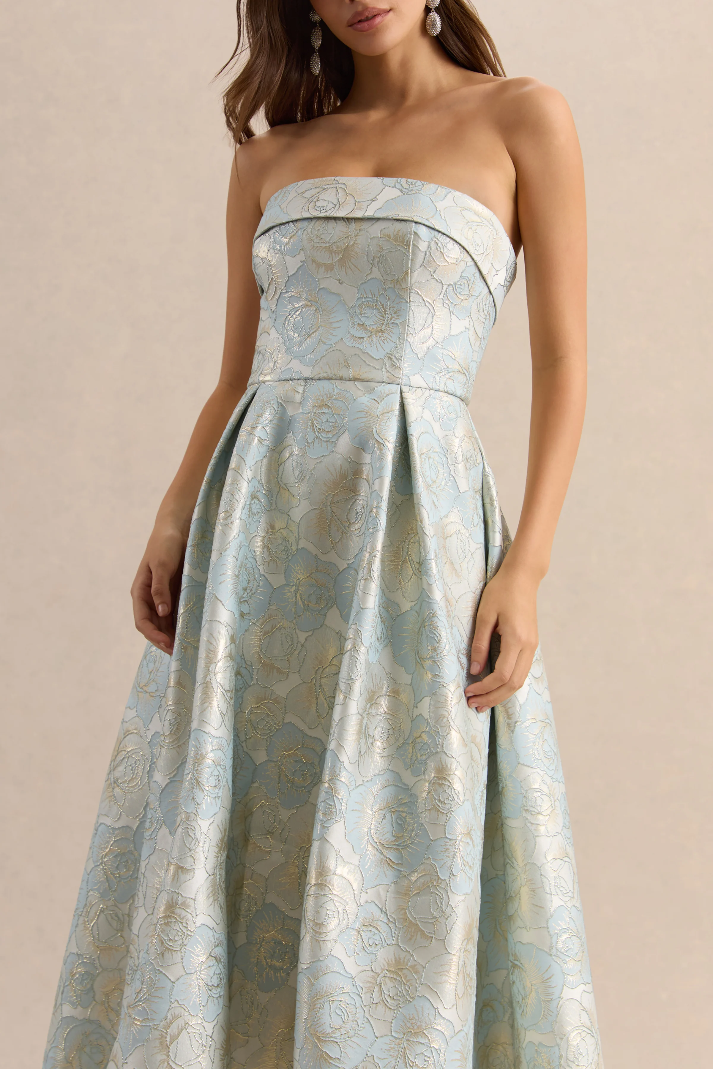 Tori | Powder Blue Jacquard Bandeau Skater Midi Dress - Image 3