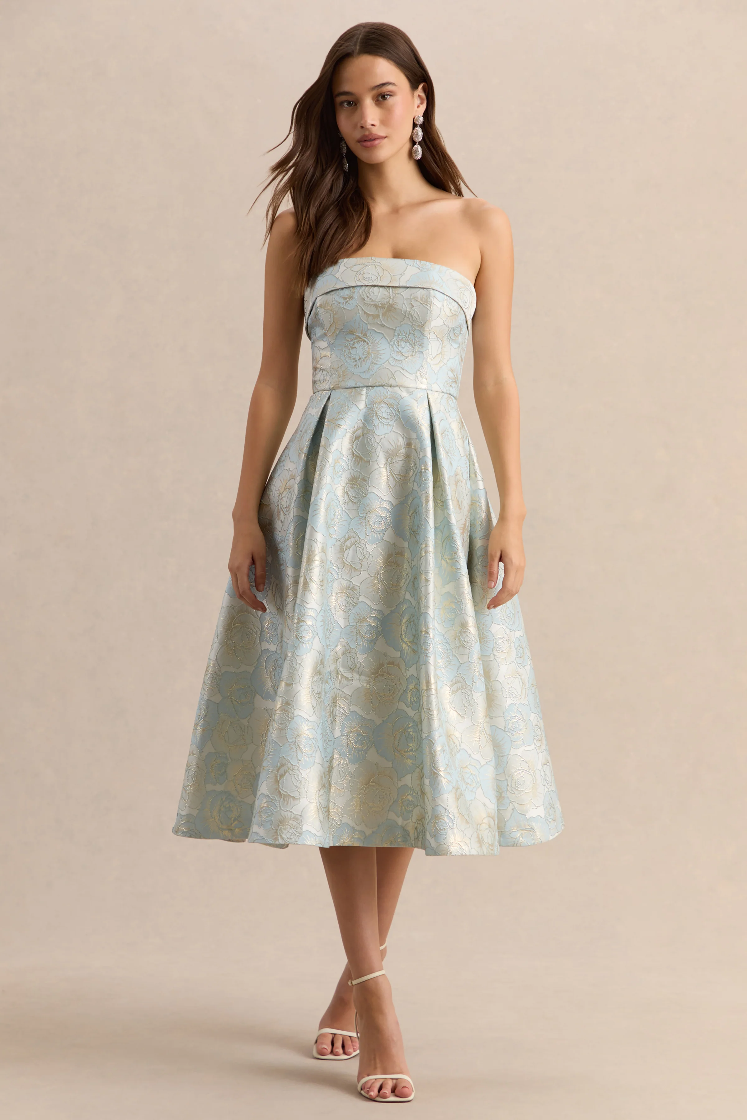 Tori | Powder Blue Jacquard Bandeau Skater Midi Dress - Image 4