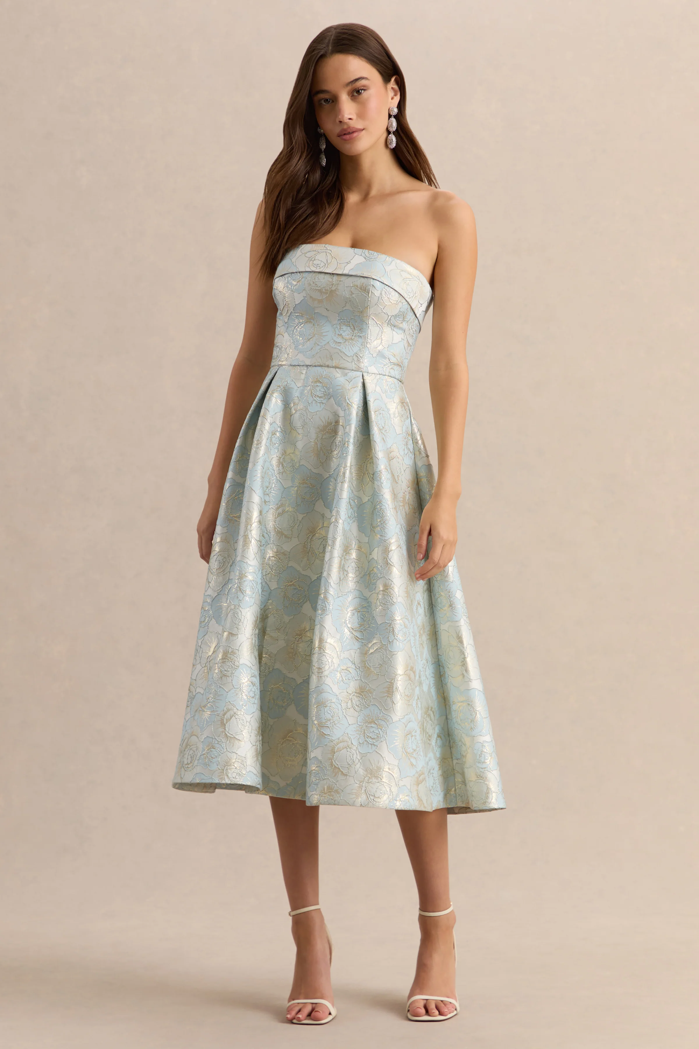Tori | Powder Blue Jacquard Bandeau Skater Midi Dress - Image 5