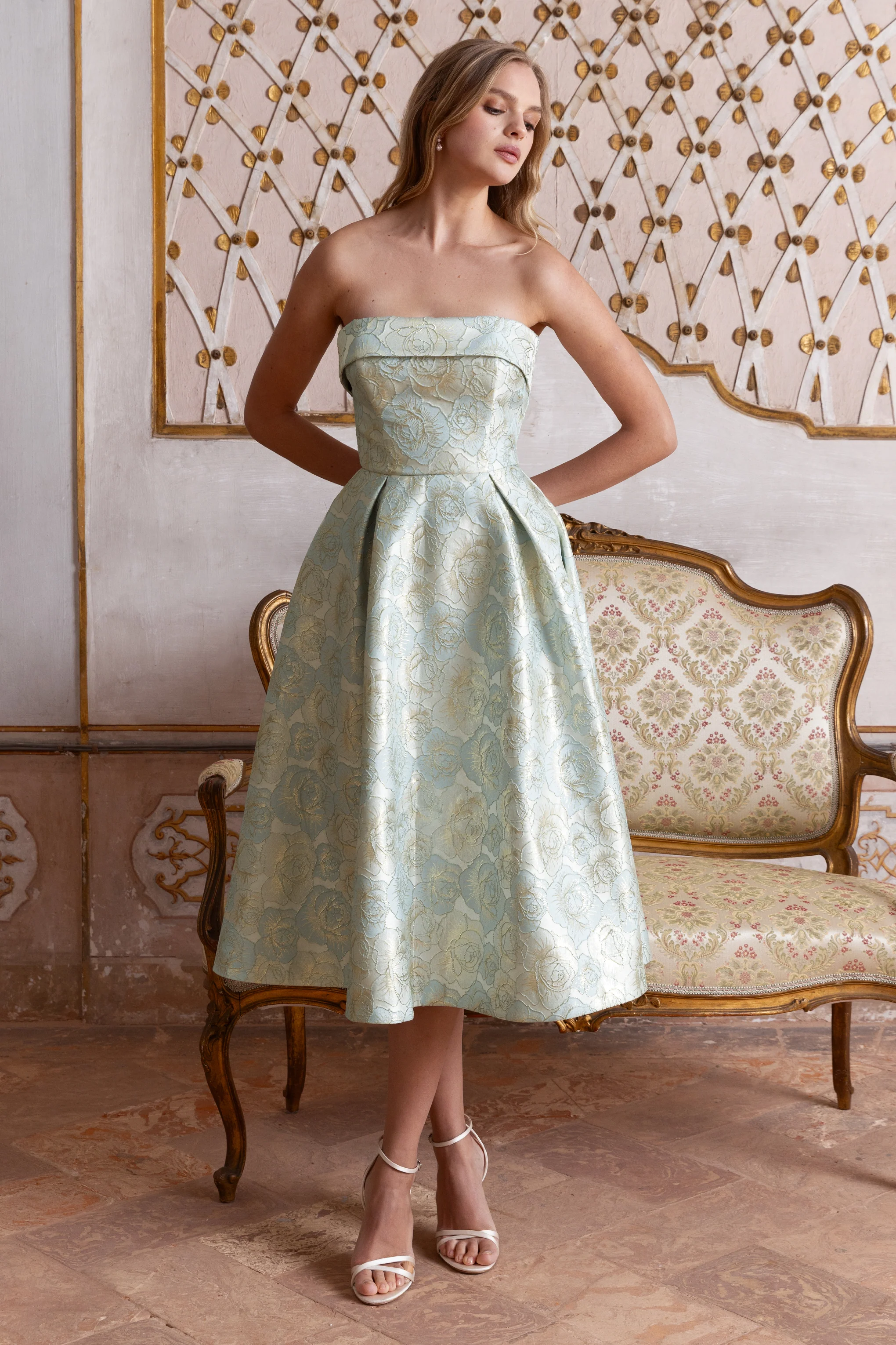 Tori | Powder Blue Jacquard Bandeau Skater Midi Dress - Image 7