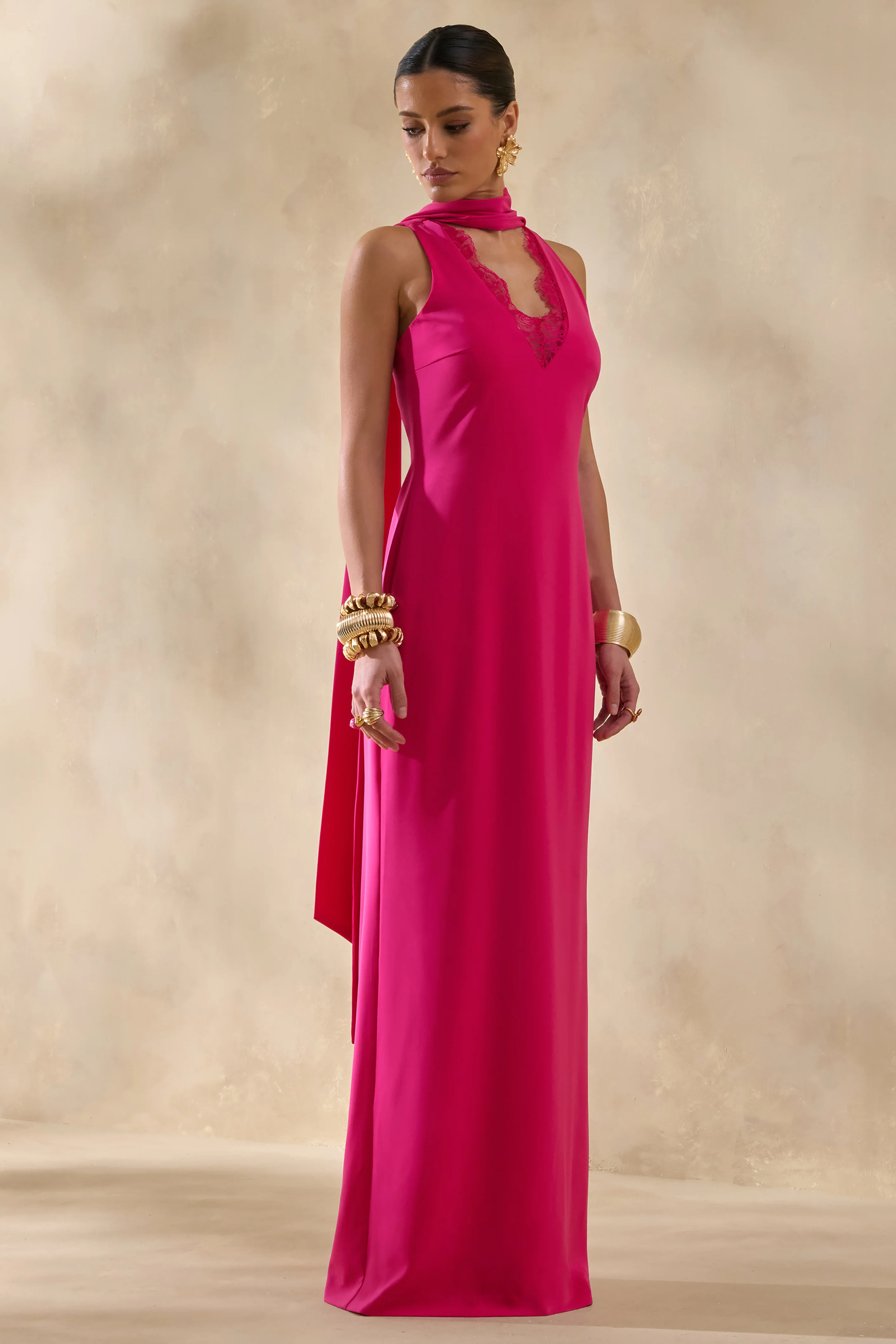 True Icon | Hot Pink Satin High-Neck Maxi Slip Dress With Sash - Image 5