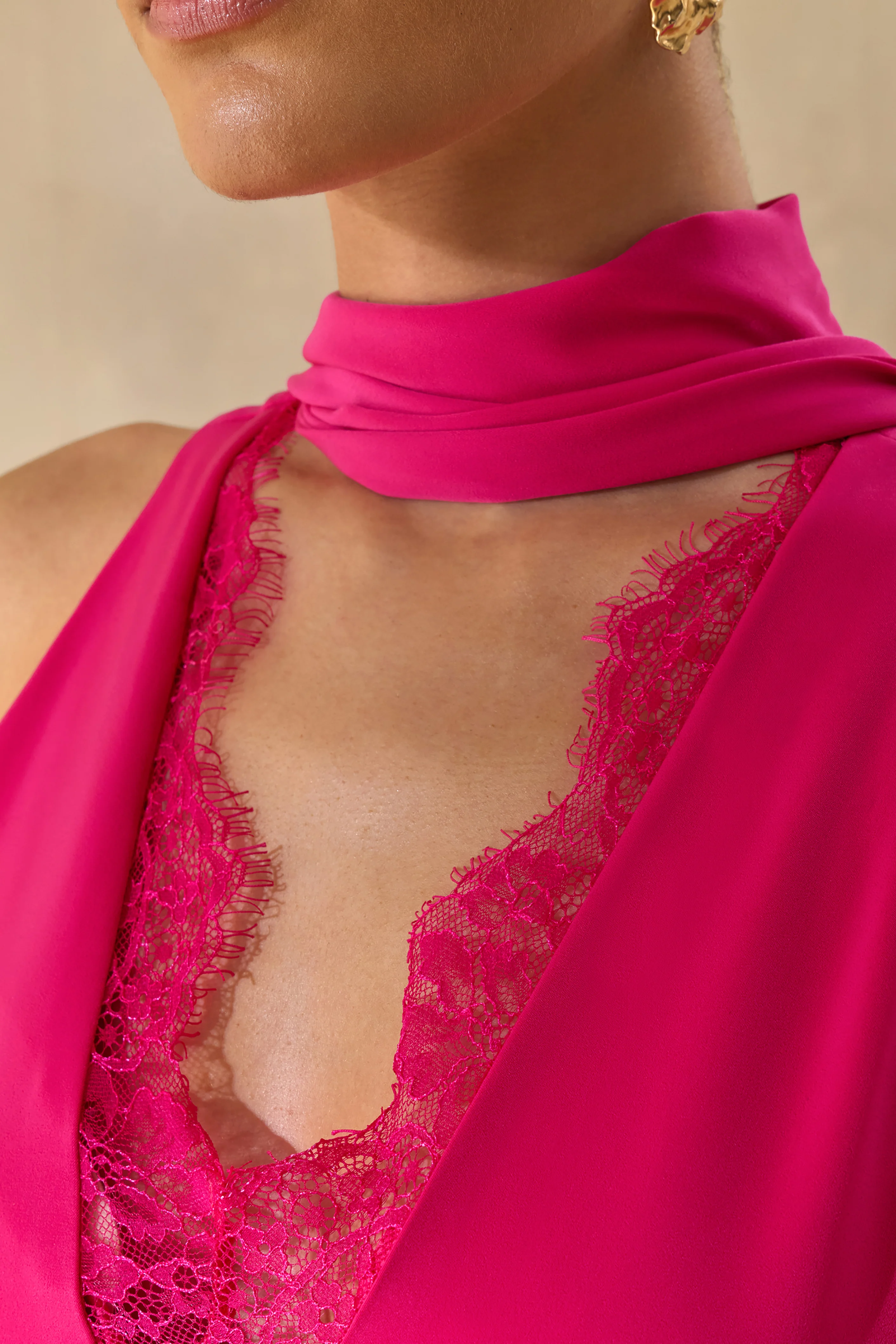 True Icon | Hot Pink Satin High-Neck Maxi Slip Dress With Sash - Image 6