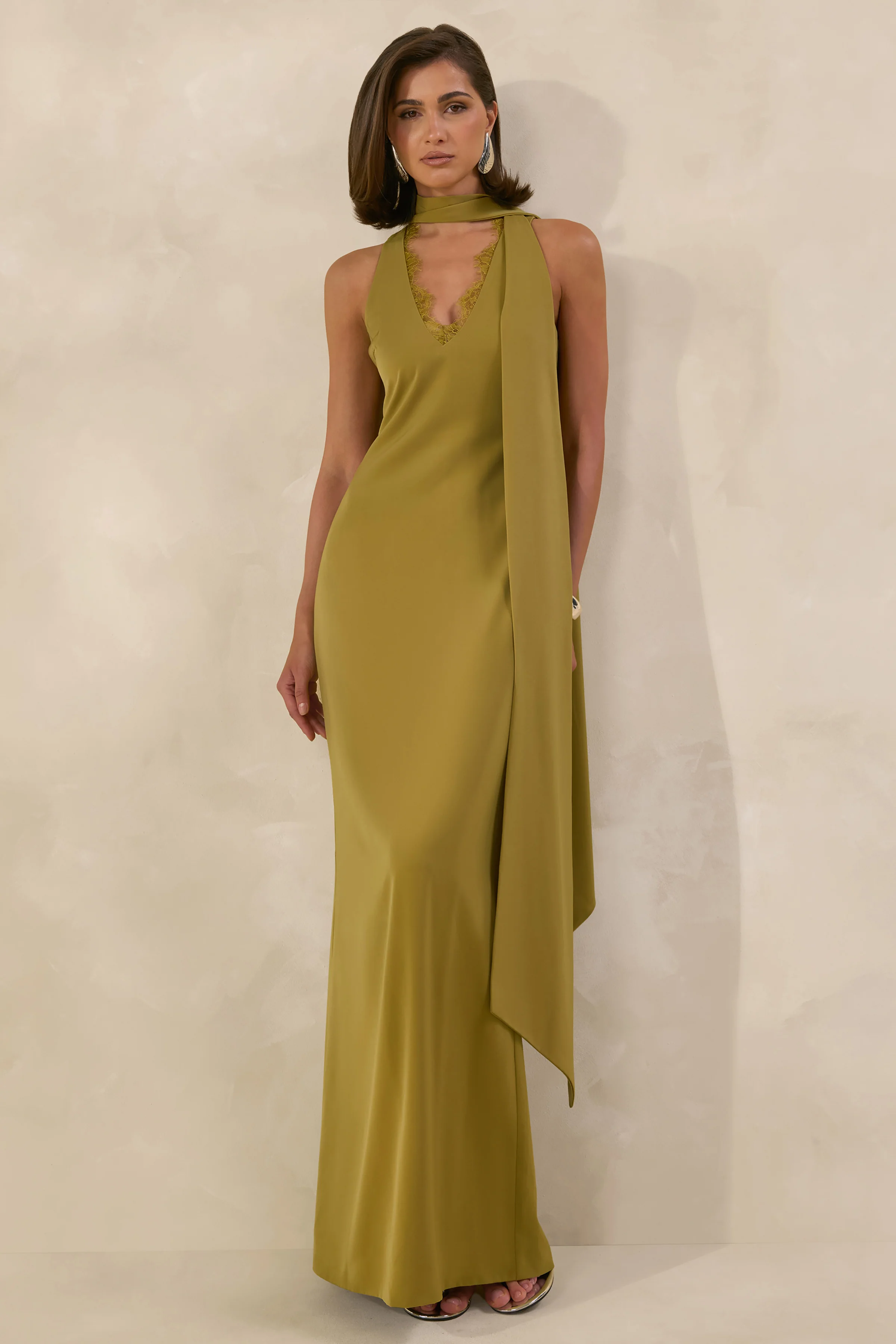 True Icon | Olive Satin High-Neck Maxi Slip Dress With Sash - Image 5
