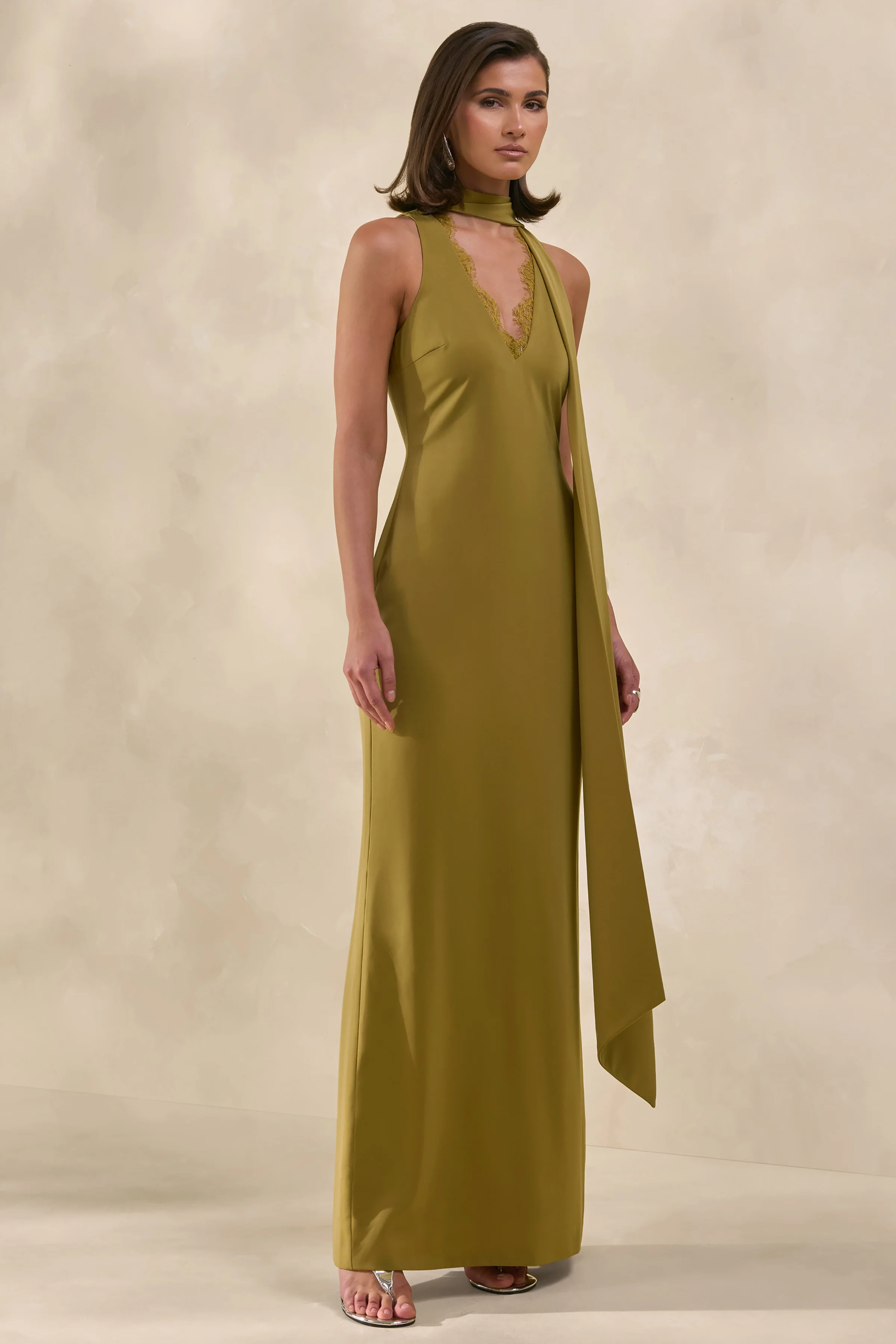 True Icon | Olive Satin High-Neck Maxi Slip Dress With Sash - Image 8