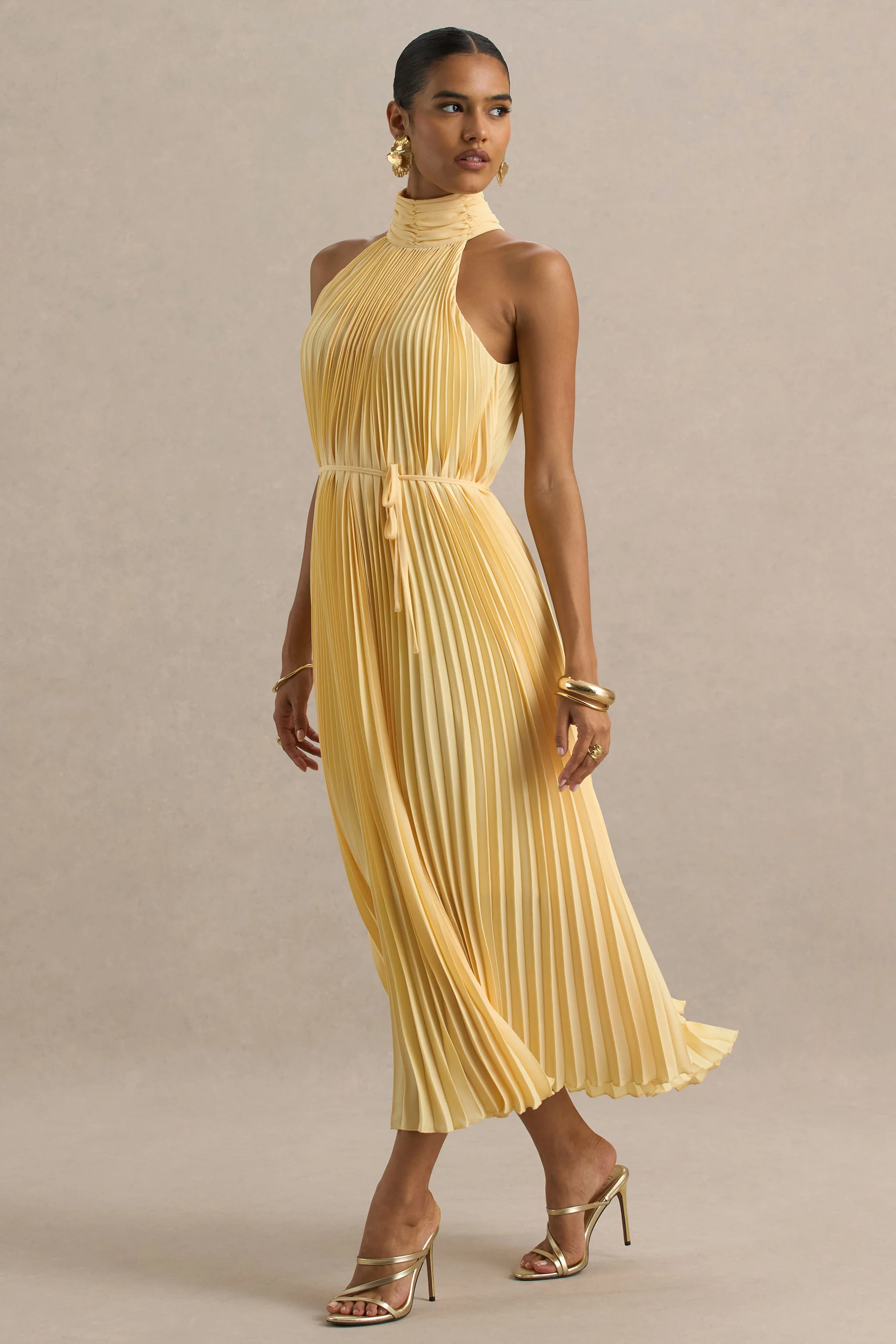 Tulip | Lemon Pleated High-Neck Midi Dress - Image 4