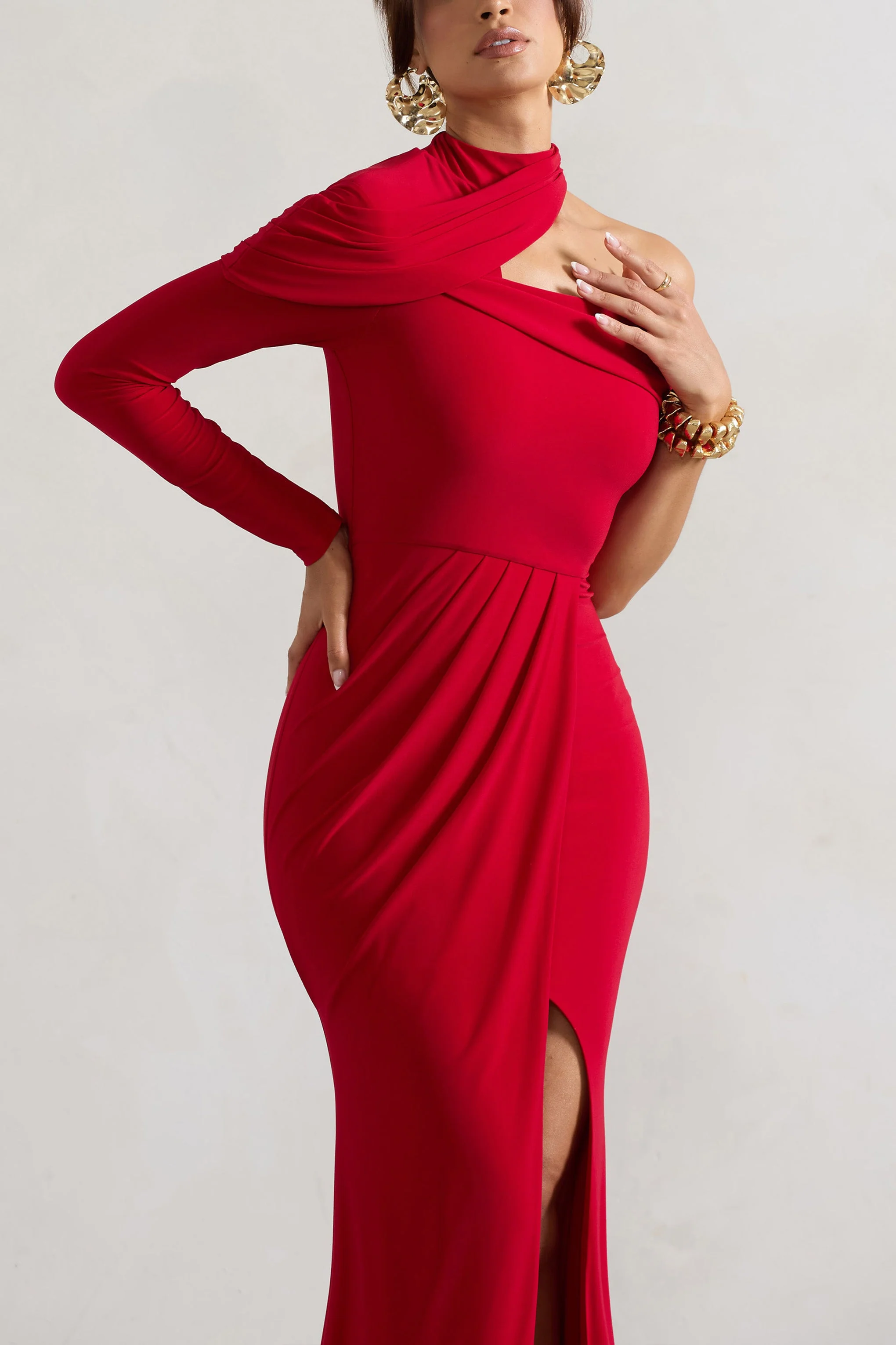 Tyla | Red Asymmetric High-Neck Split Maxi Dress - Image 3