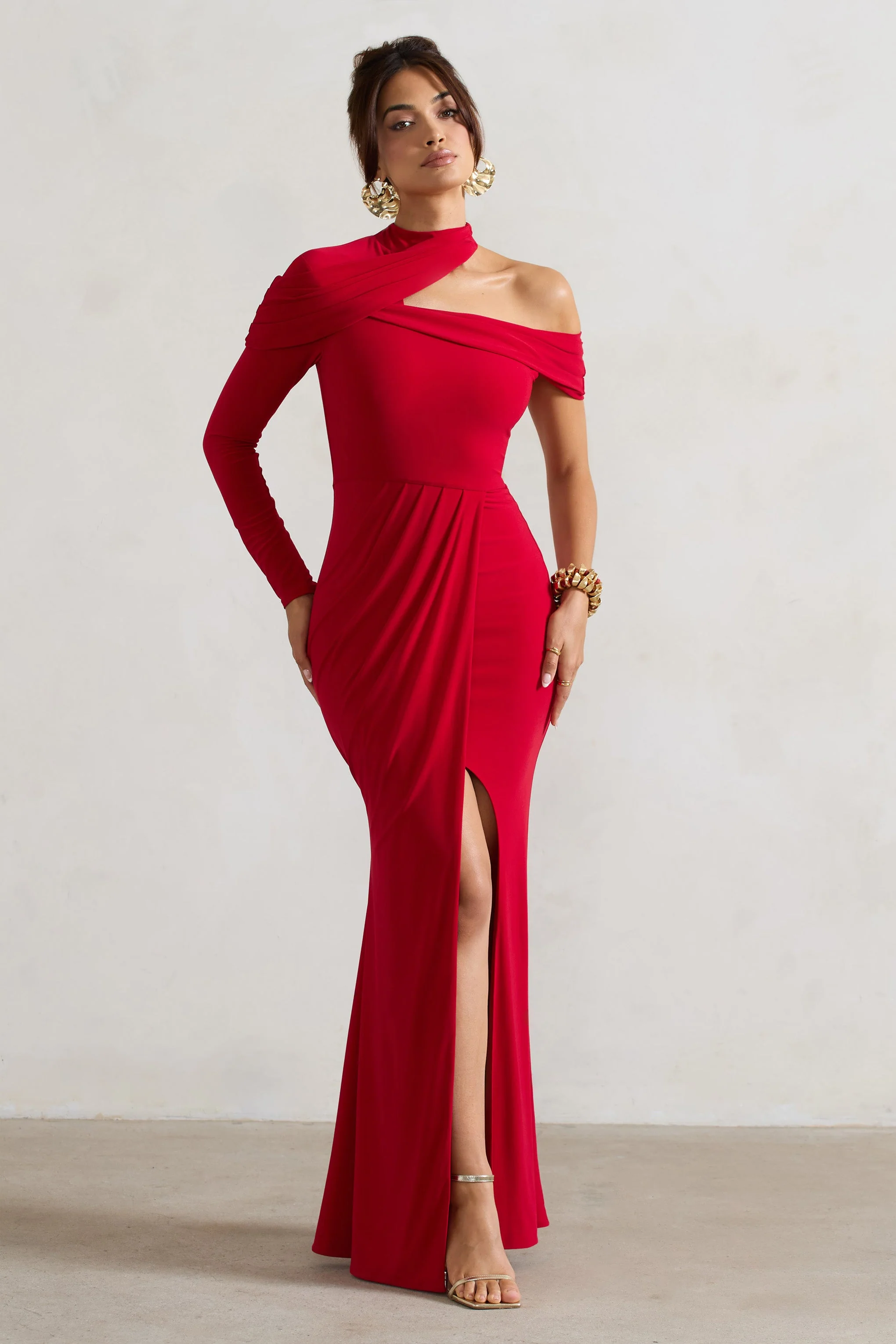 Tyla | Red Asymmetric High-Neck Split Maxi Dress - Image 4