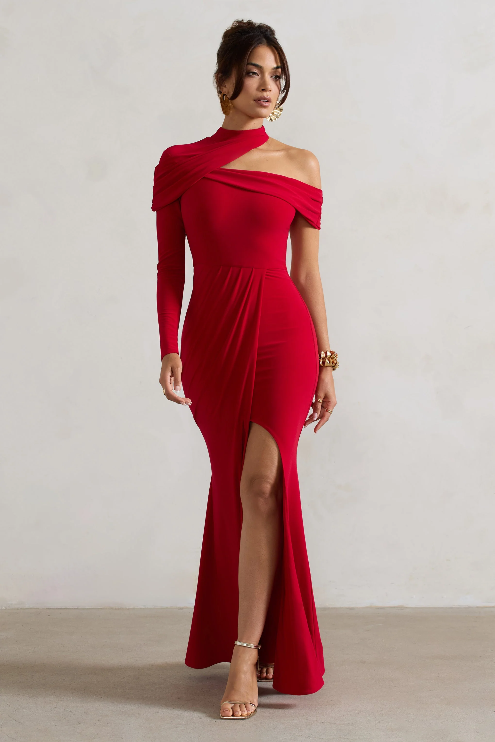 Tyla | Red Asymmetric High-Neck Split Maxi Dress - Image 5