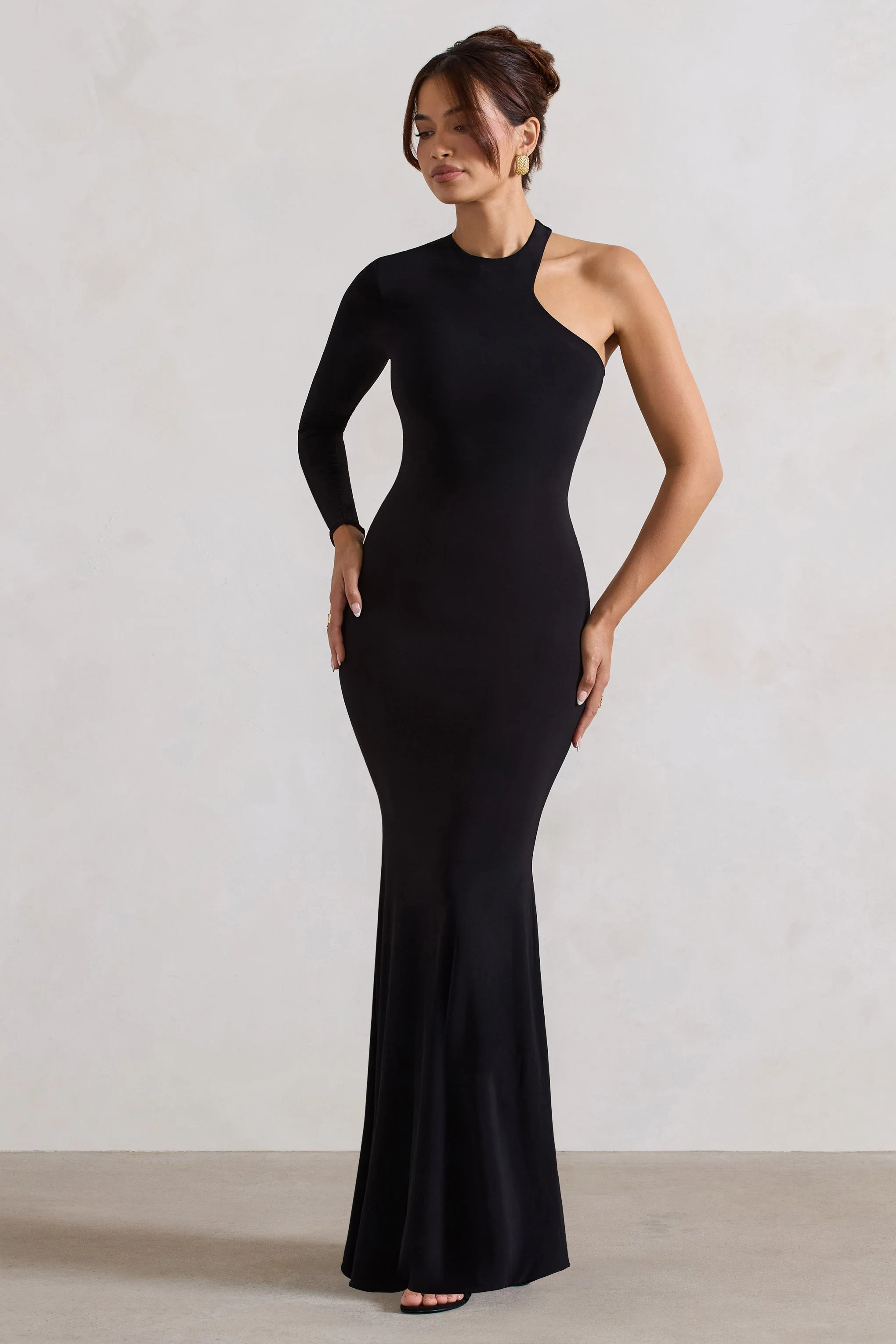 Tyra | Black Asymmetric Neck Cut Out Maxi Dress With Open Back Detail - Image 10