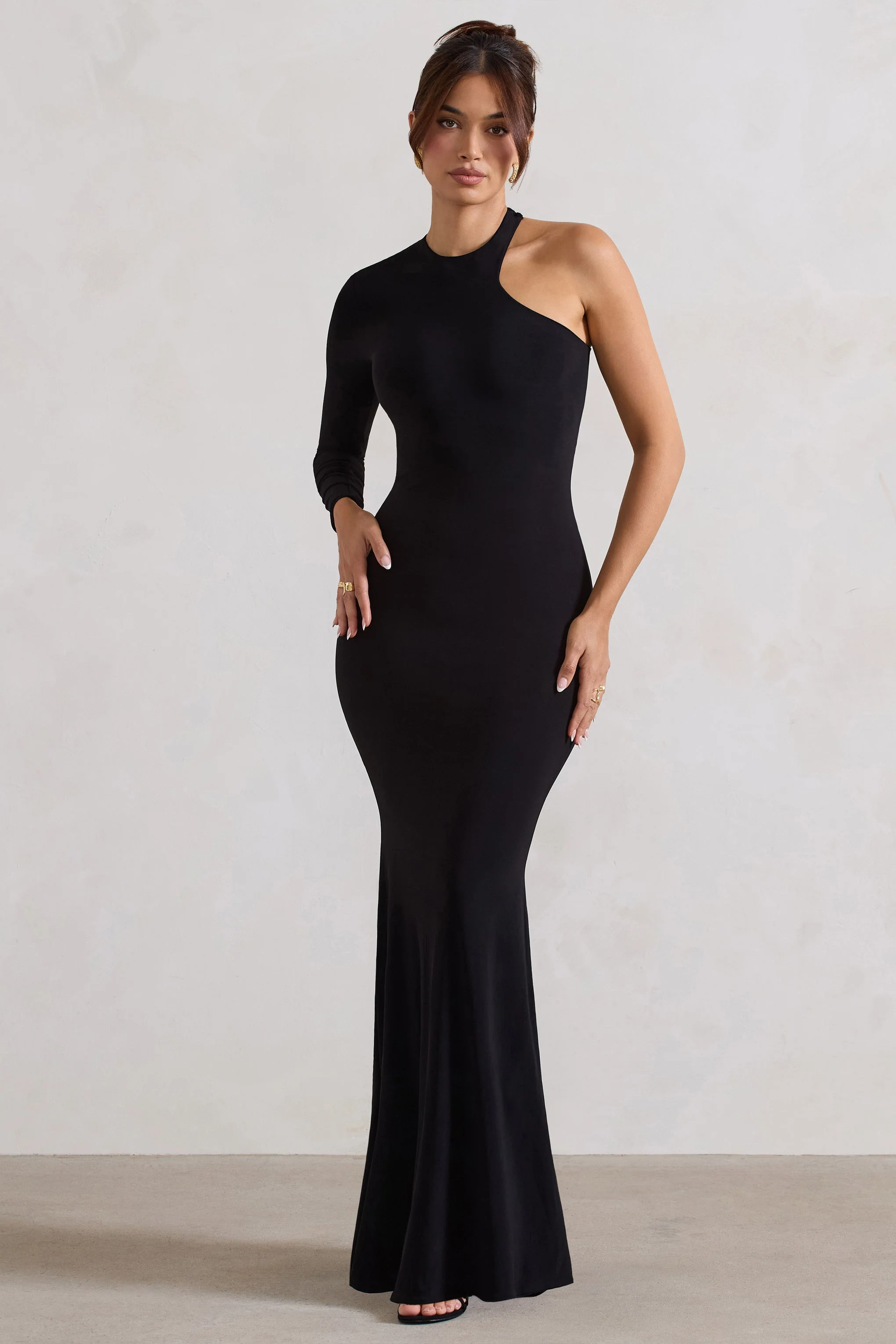 Tyra | Black Asymmetric Neck Cut Out Maxi Dress With Open Back Detail - Image 11