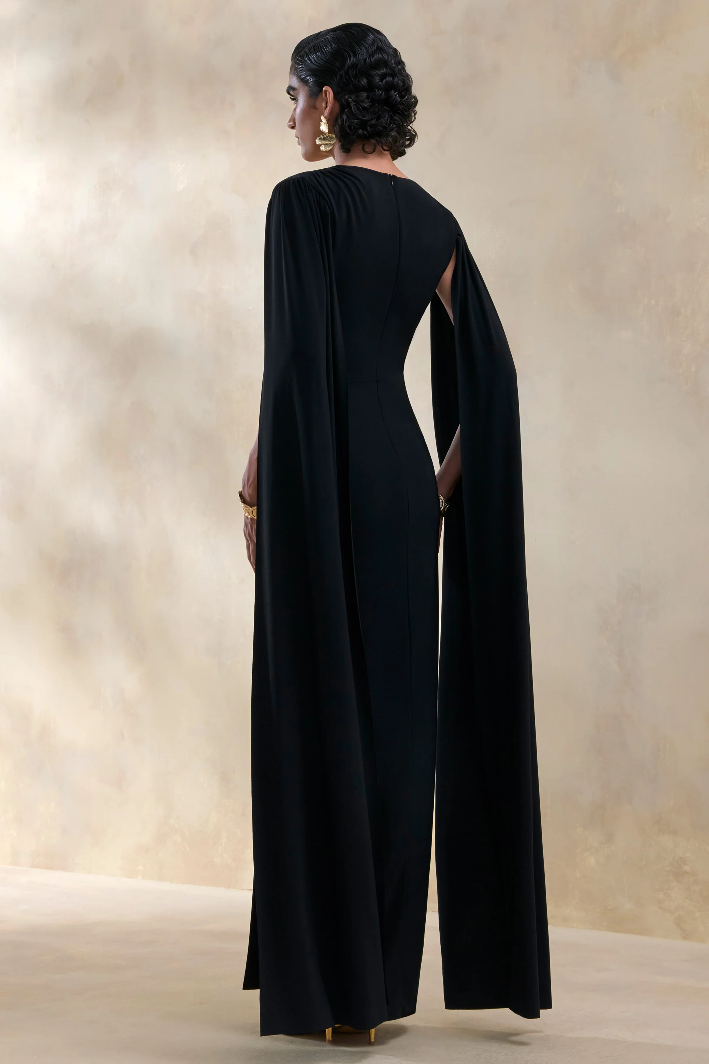 Ulissia | Black V-Neck Maxi Dress With Cape-Sleeves - Image 2