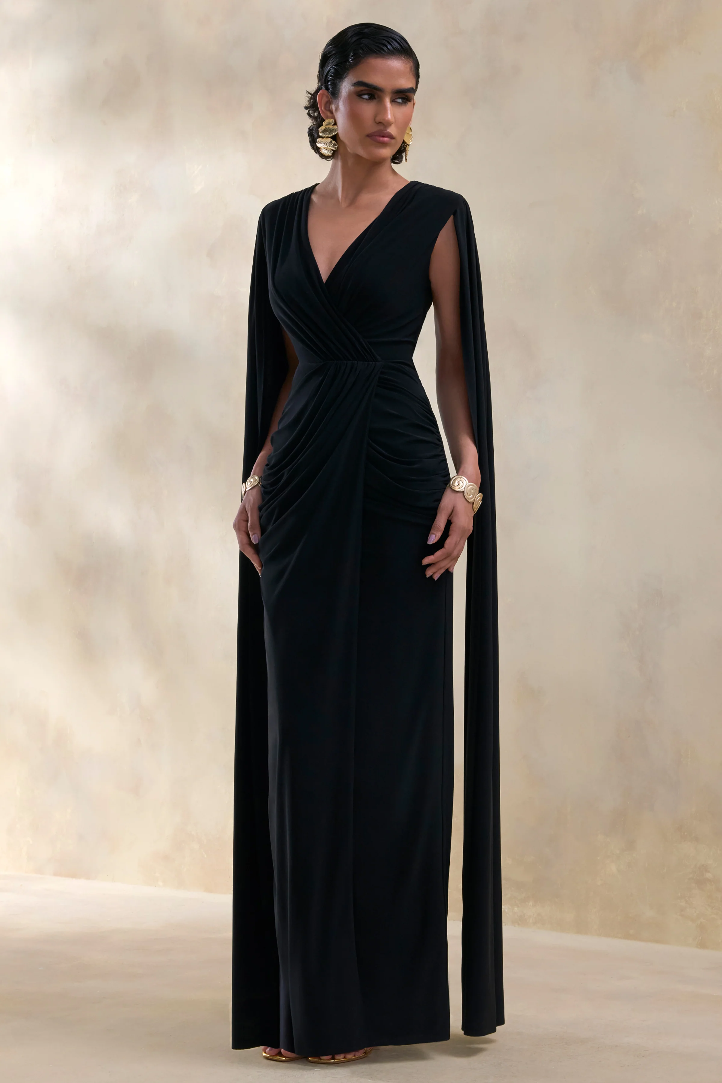 Ulissia | Black V-Neck Maxi Dress With Cape-Sleeves - Image 4
