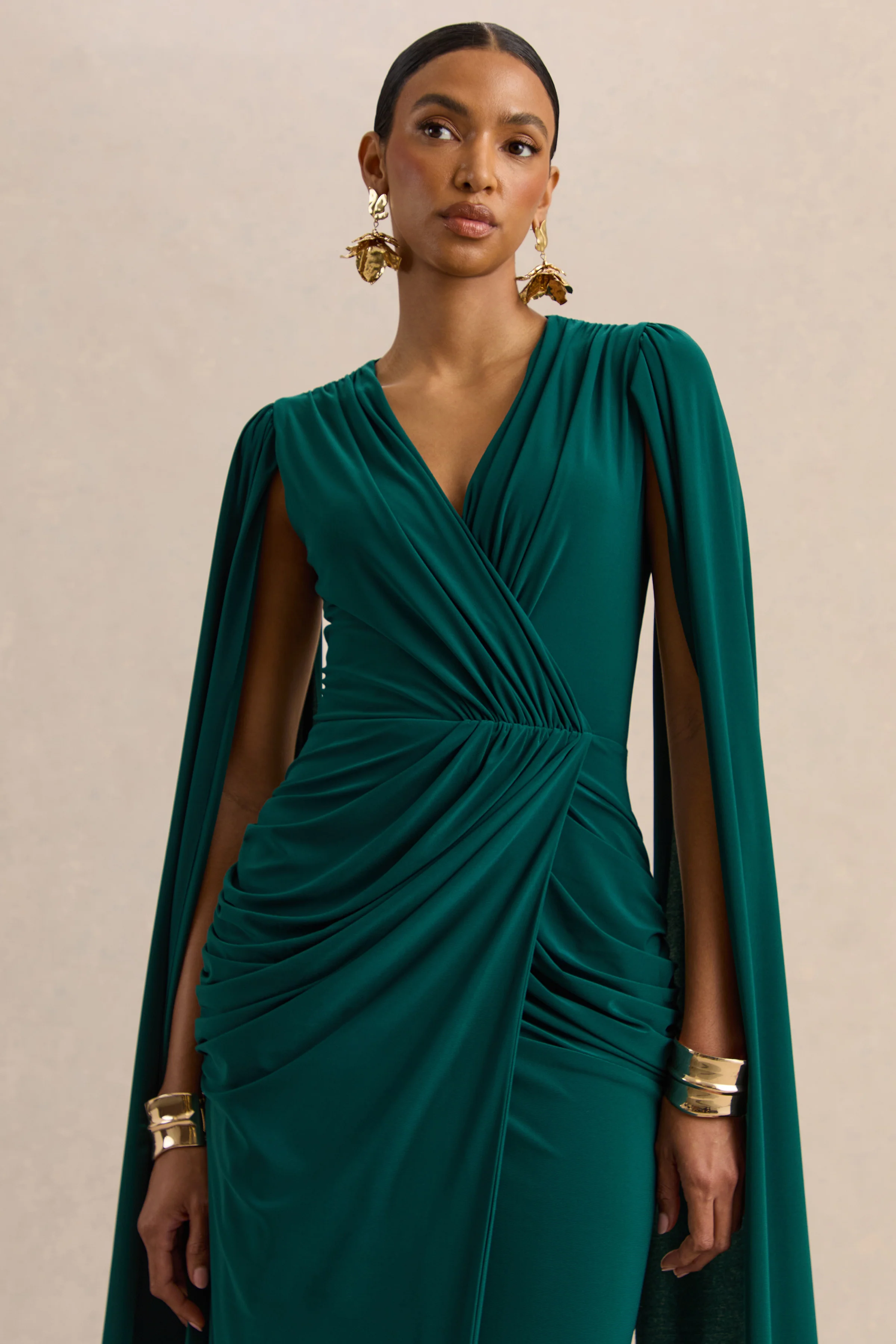Ulissia | Bottle Green V-Neck Maxi Dress With Cape-Sleeves - Image 3