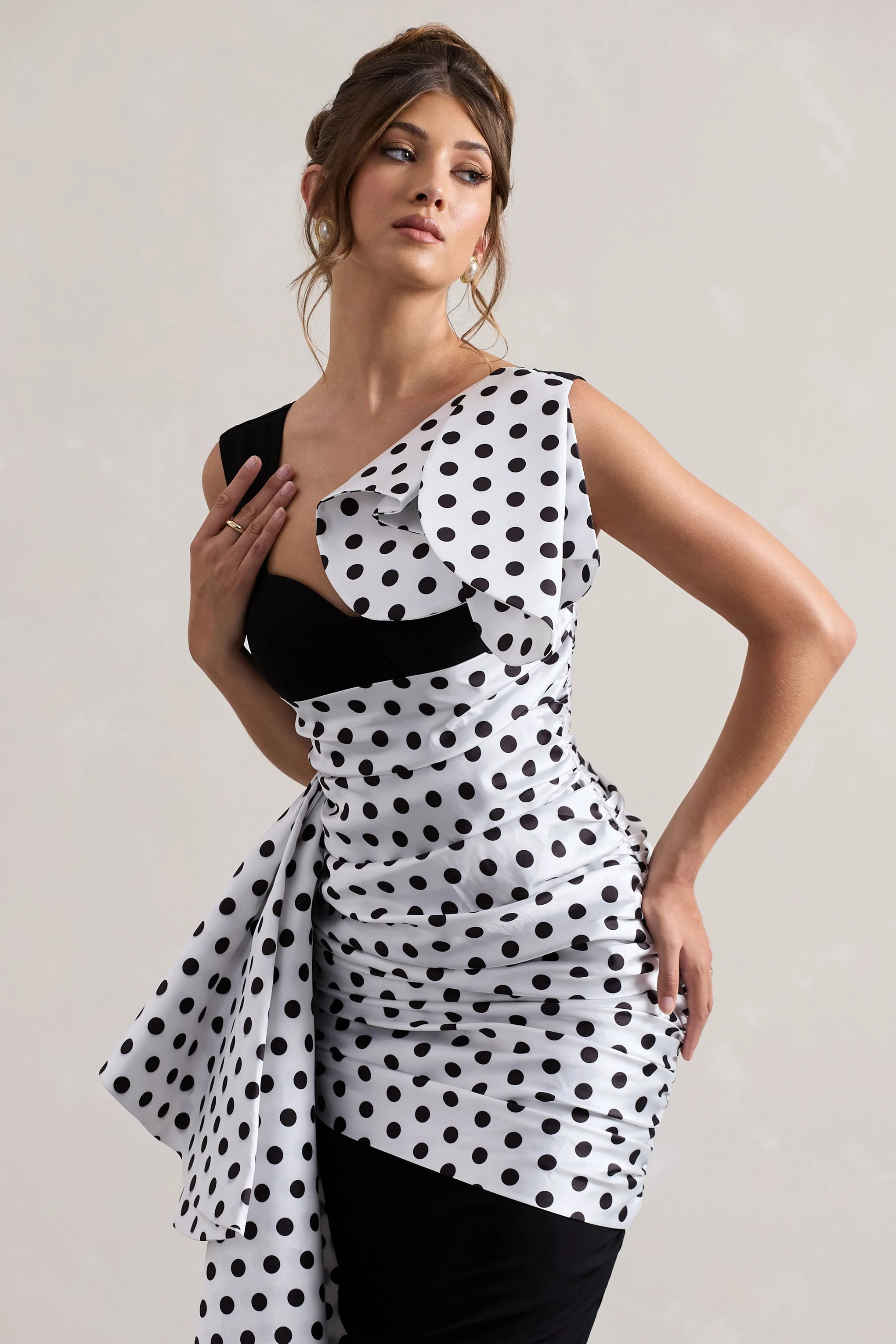 Unattainable | Black Polka Dot Wrap Midi Dress Volume Drape - Image 3