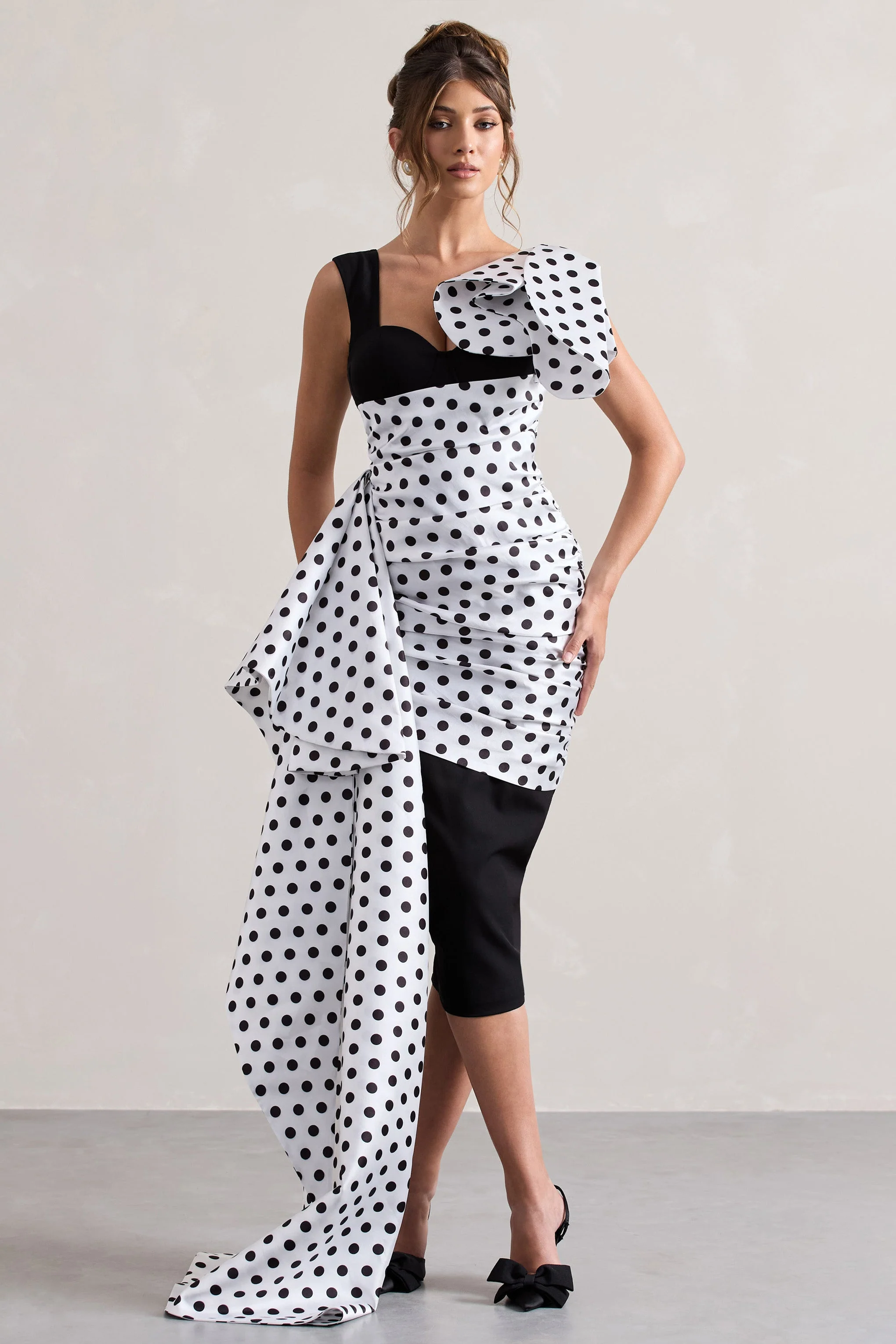 Unattainable | Black Polka Dot Wrap Midi Dress Volume Drape - Image 4