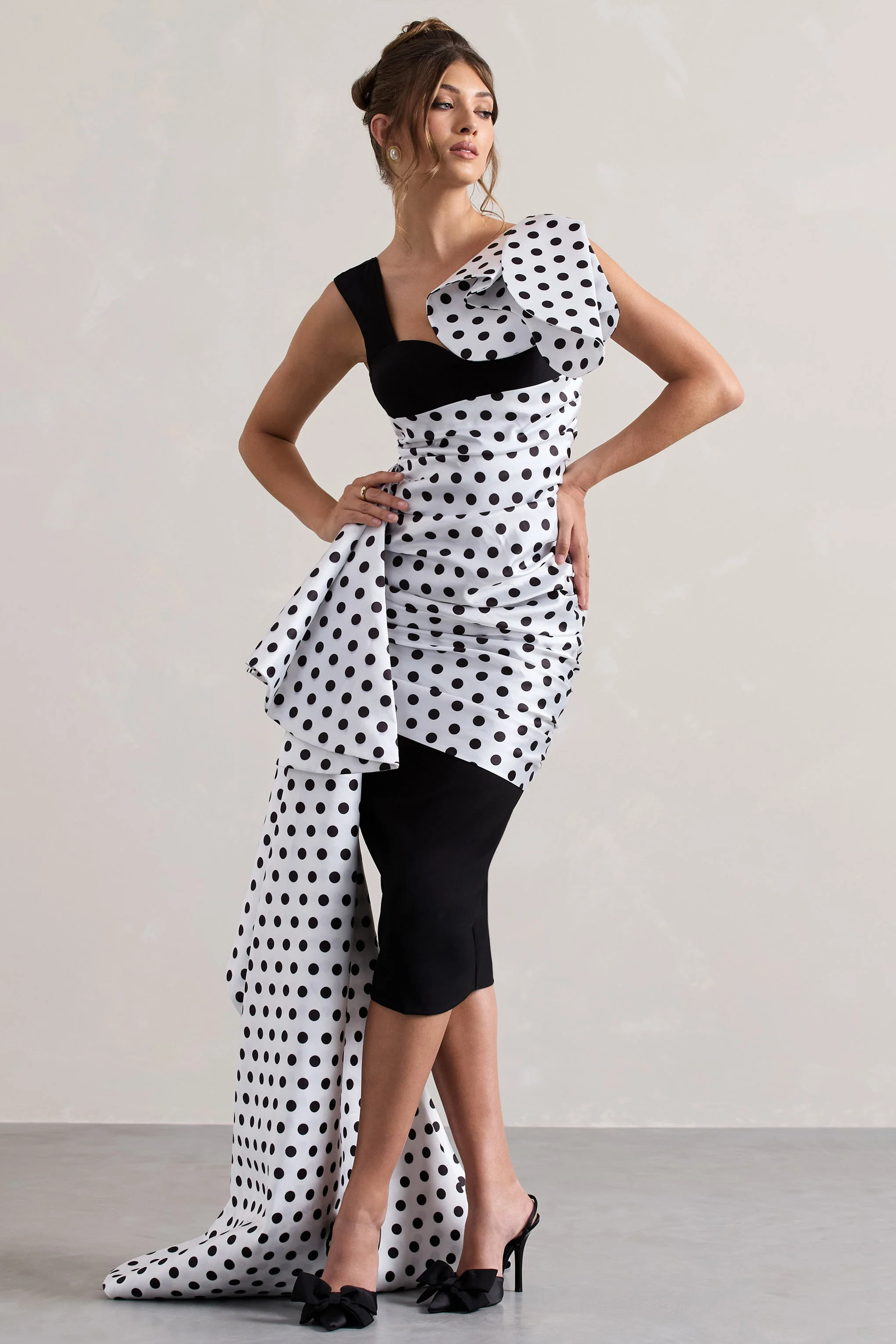 Unattainable | Black Polka Dot Wrap Midi Dress Volume Drape - Image 5