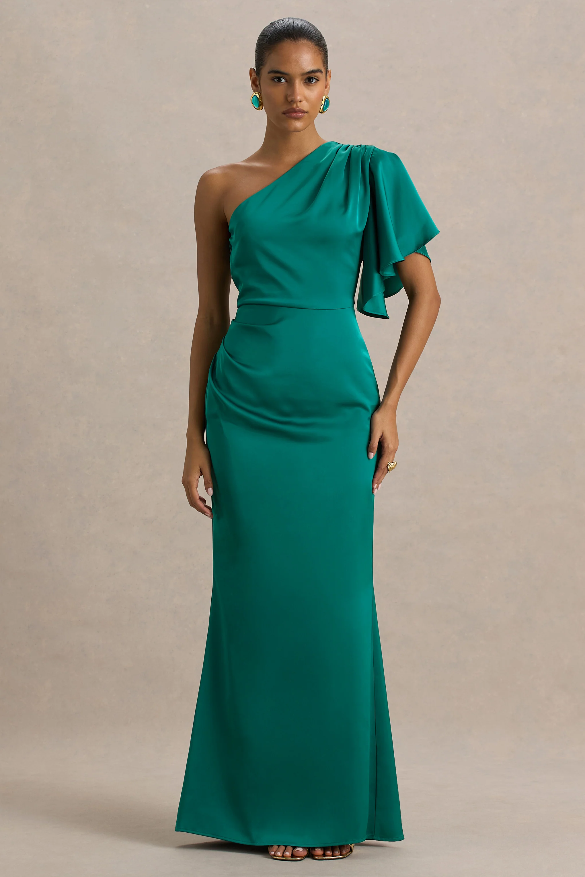 Unforgettable | Bottle Green Asymmetric-Neck Maxi Dress With Ruffled Detailing - Image 5