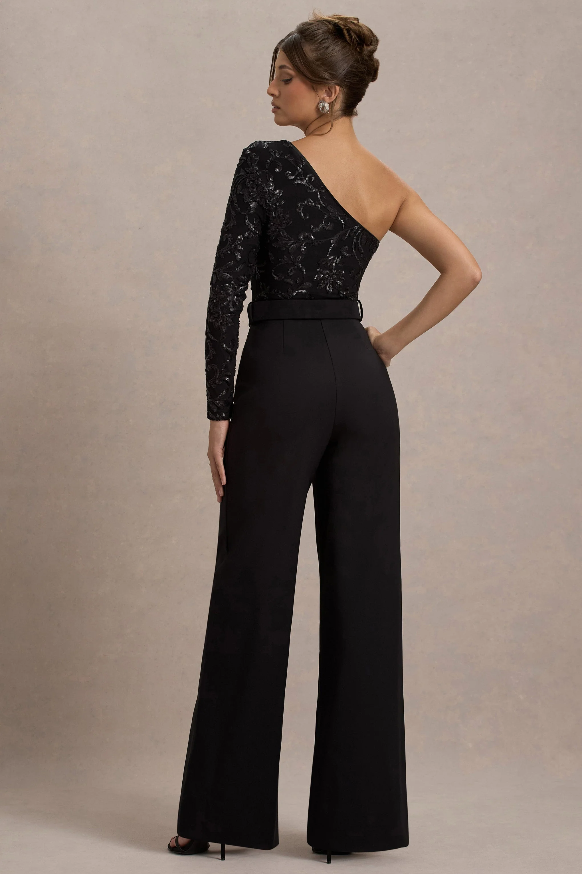 Upgrade | Black Lace Asymmetric Belted Wide-Leg Jumpsuit - Image 2