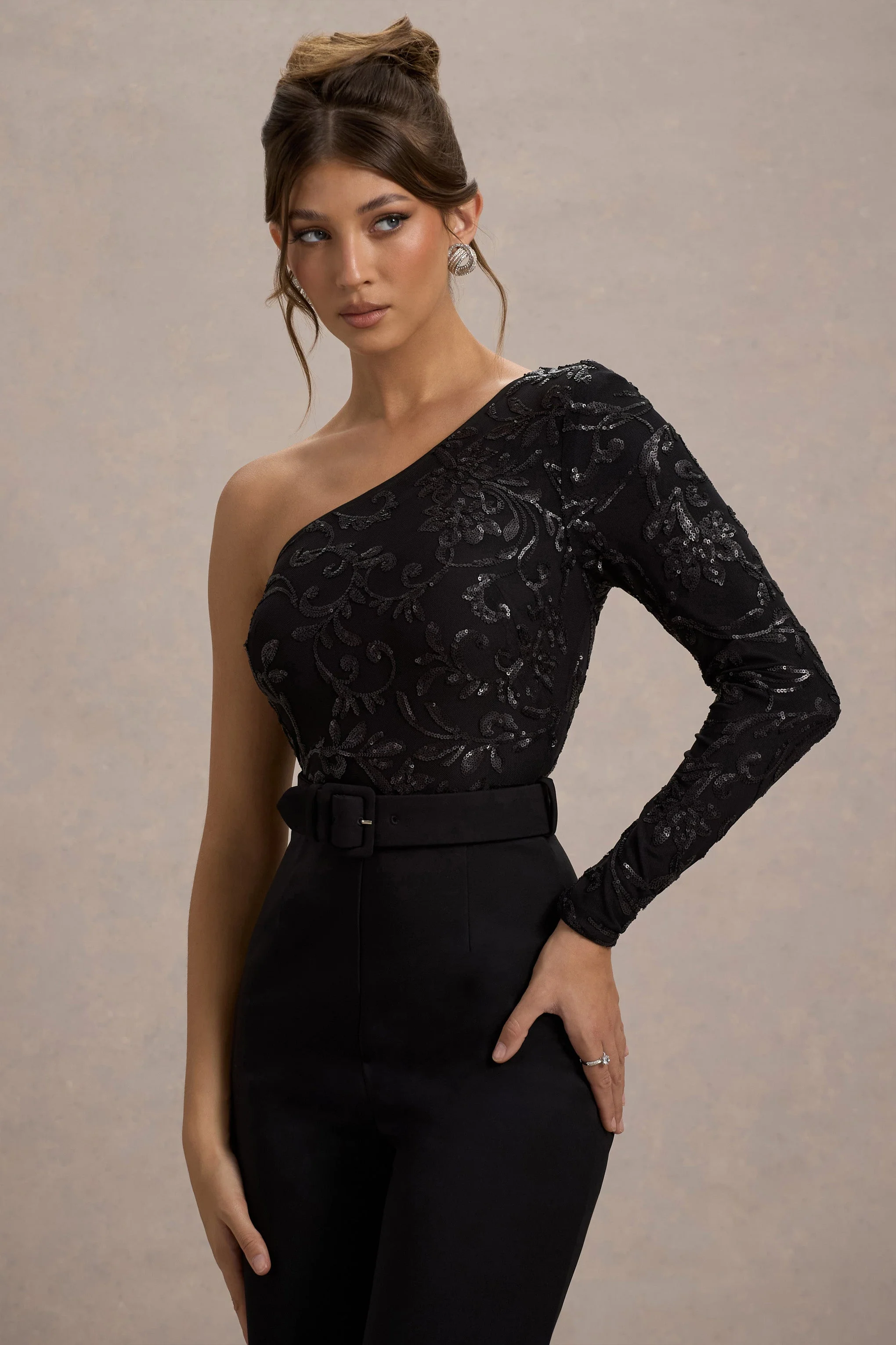 Upgrade | Black Lace Asymmetric Belted Wide-Leg Jumpsuit - Image 3