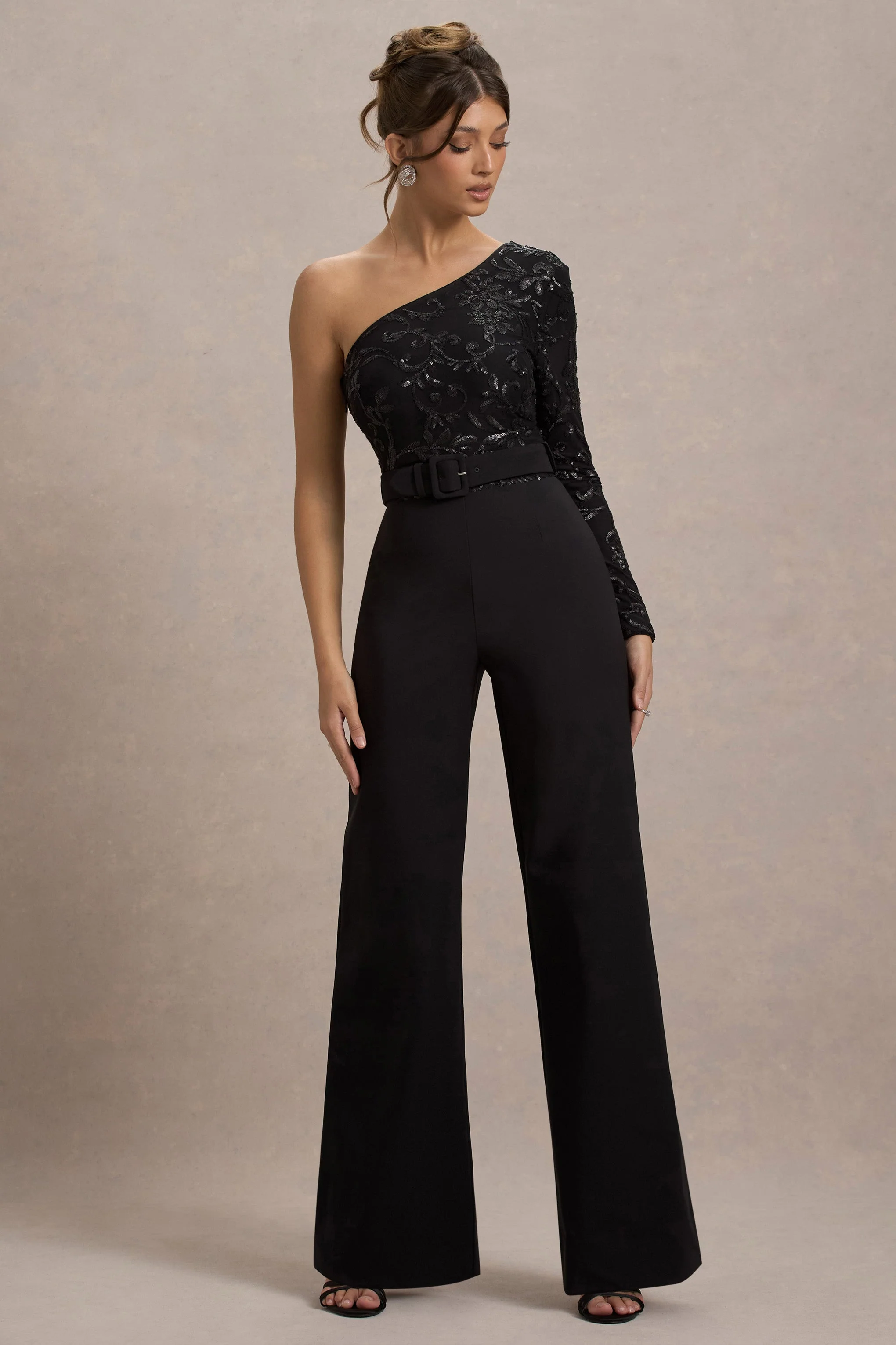 Upgrade | Black Lace Asymmetric Belted Wide-Leg Jumpsuit - Image 5