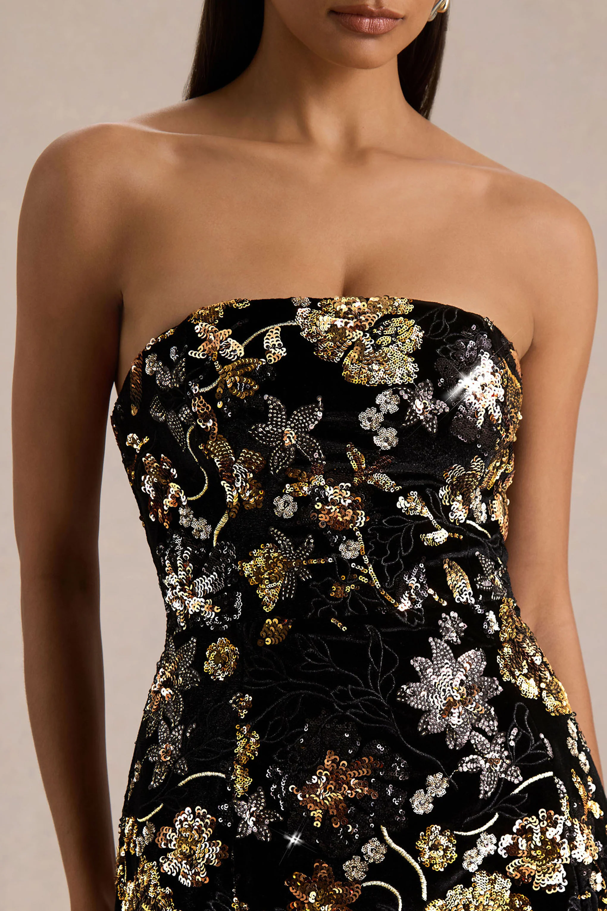 Valeri | Black Velvet Bandeau Mini Dress With Bronze Floral Sequin Embellishment - Image 3