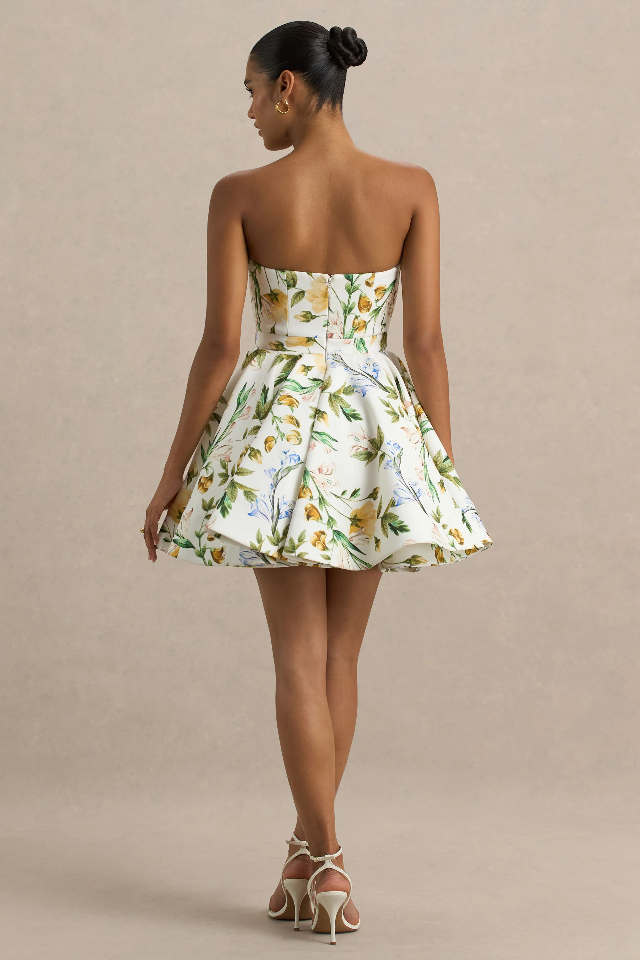 Valerian | Lemon Floral Print Bandeau Mini Dress With Ruffle Hem - Image 2