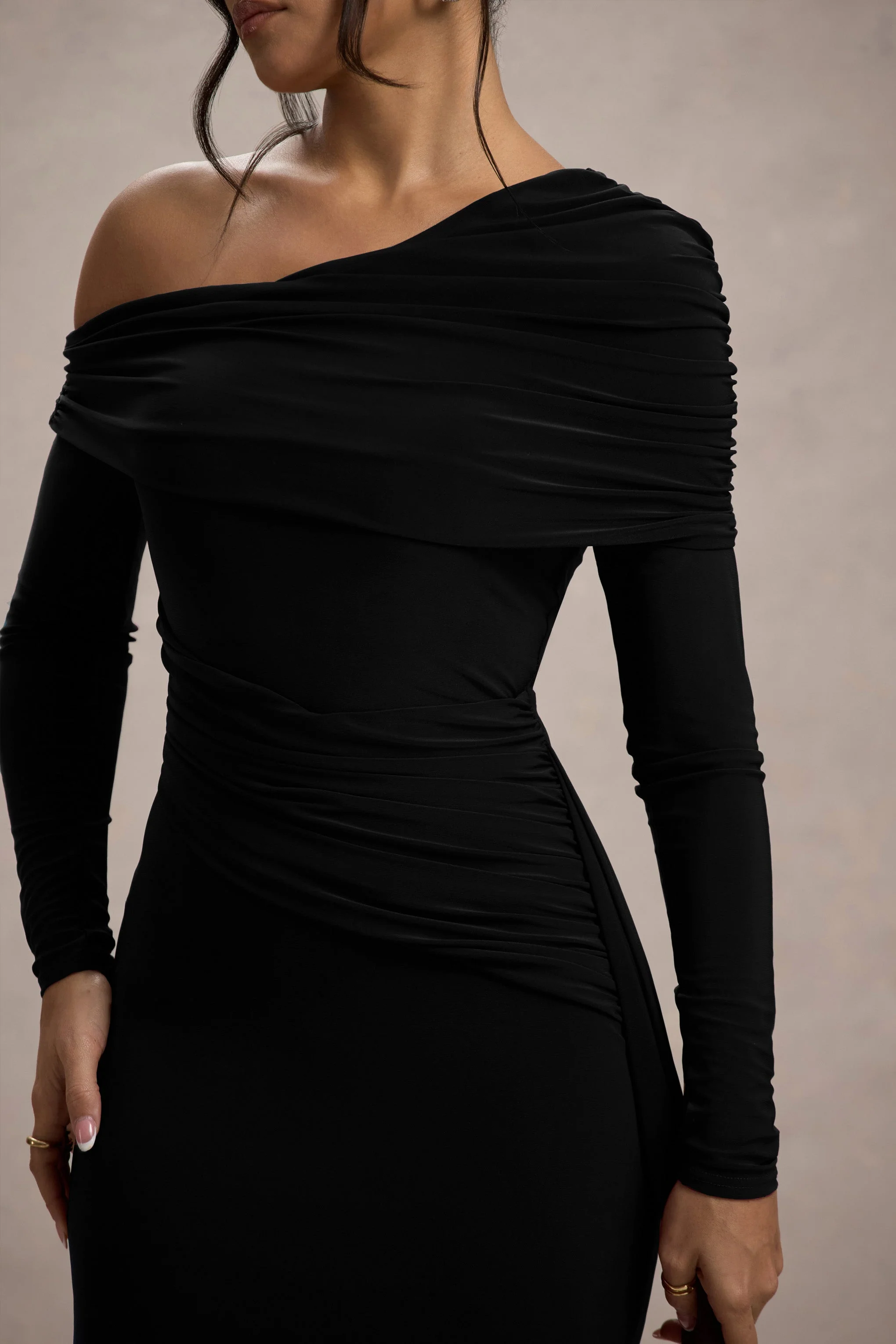 Valina | Black Ruched Asymmetric Maxi Dress With Drape - Image 5