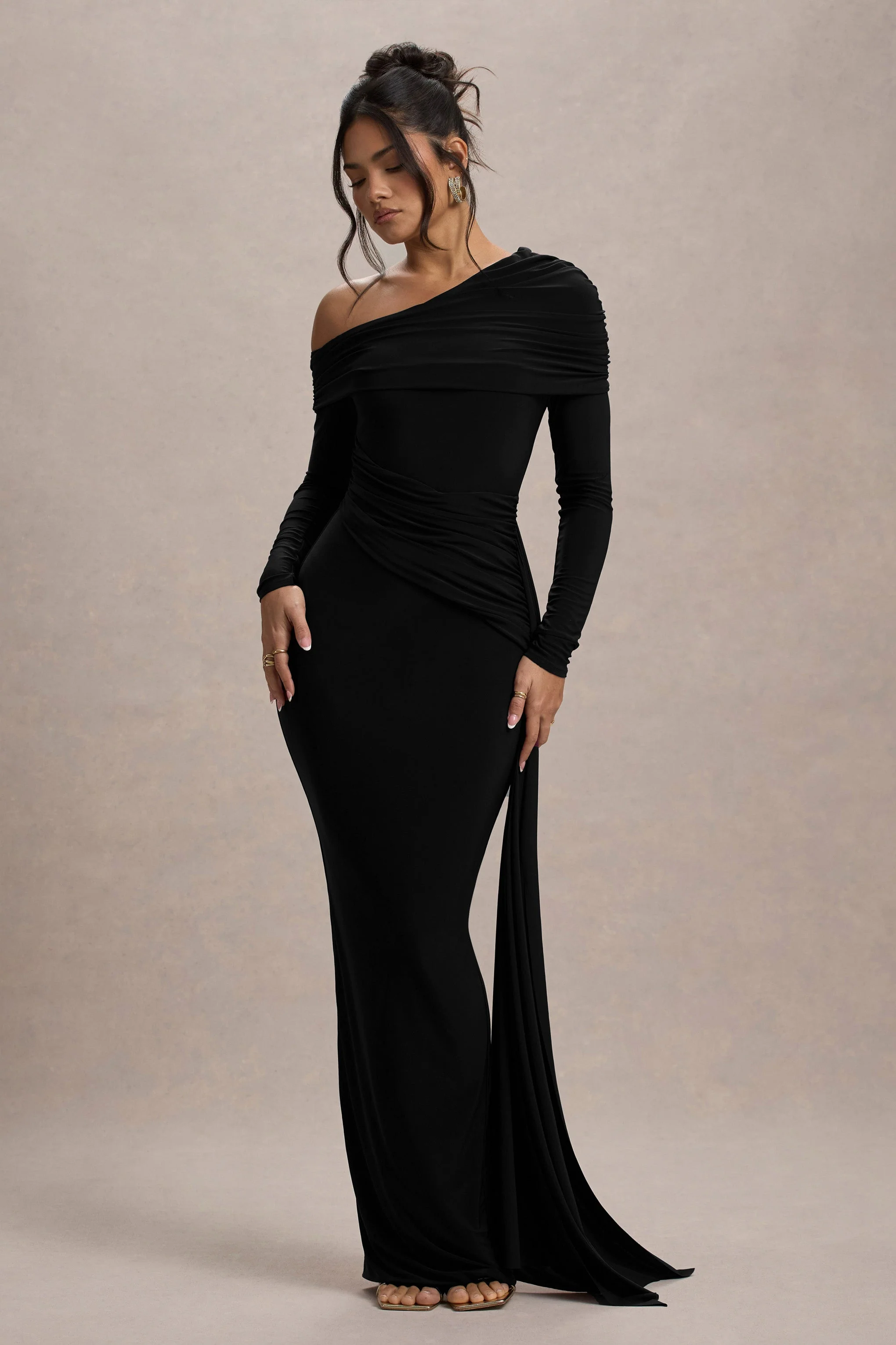 Valina | Black Ruched Asymmetric Maxi Dress With Drape - Image 6