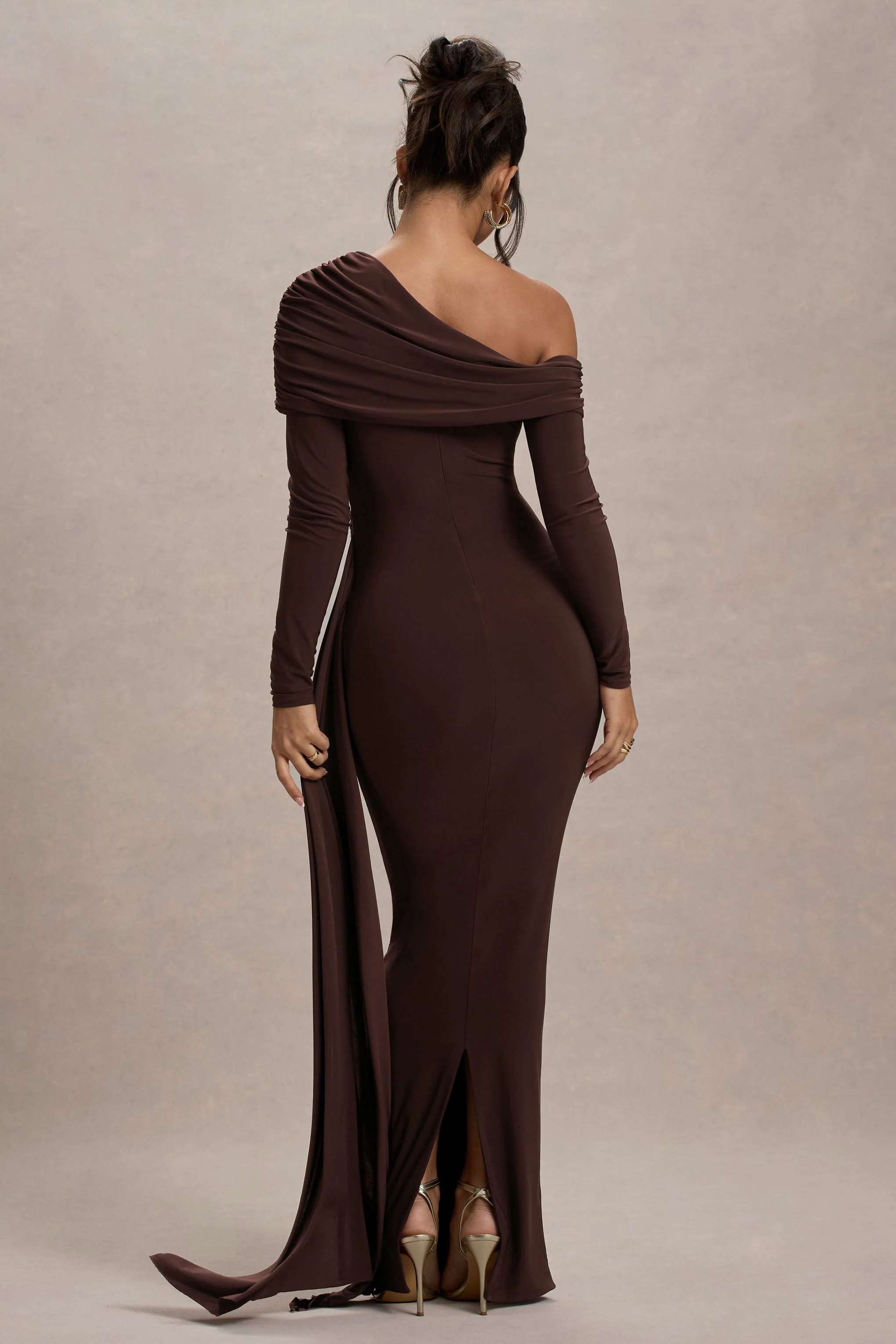 Valina | Brown Ruched Asymmetric Maxi Dress With Drape - Image 2