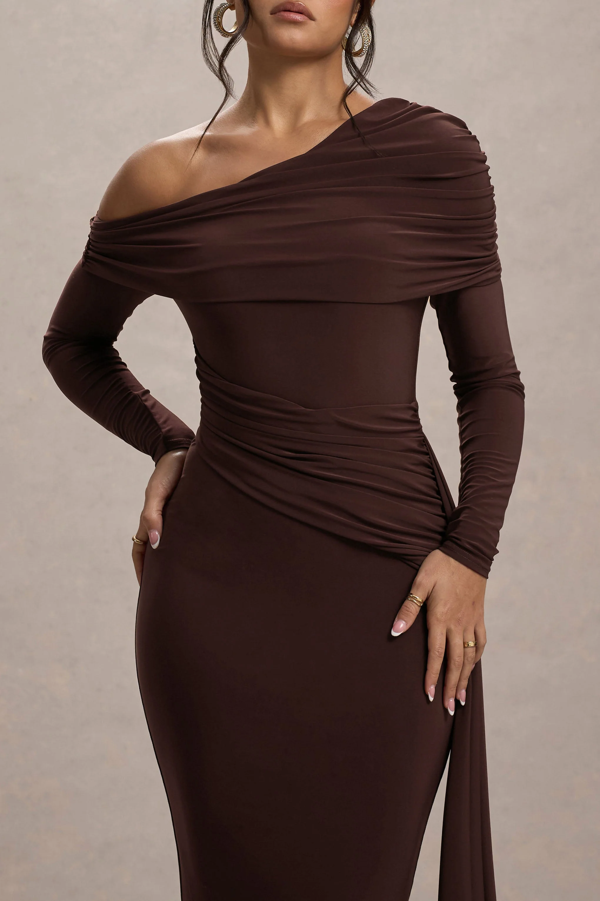 Valina | Brown Ruched Asymmetric Maxi Dress With Drape - Image 3