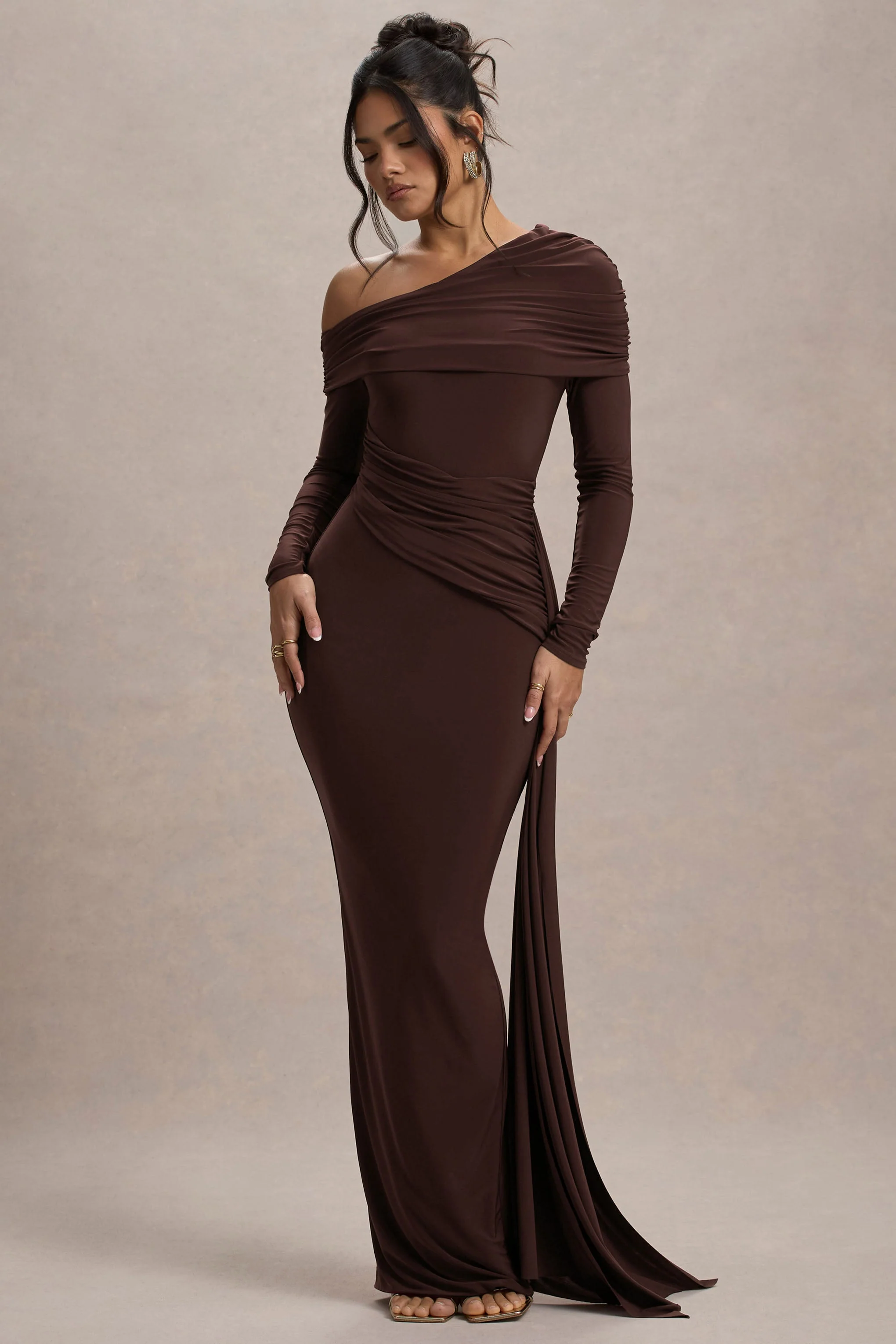 Valina | Brown Ruched Asymmetric Maxi Dress With Drape - Image 5