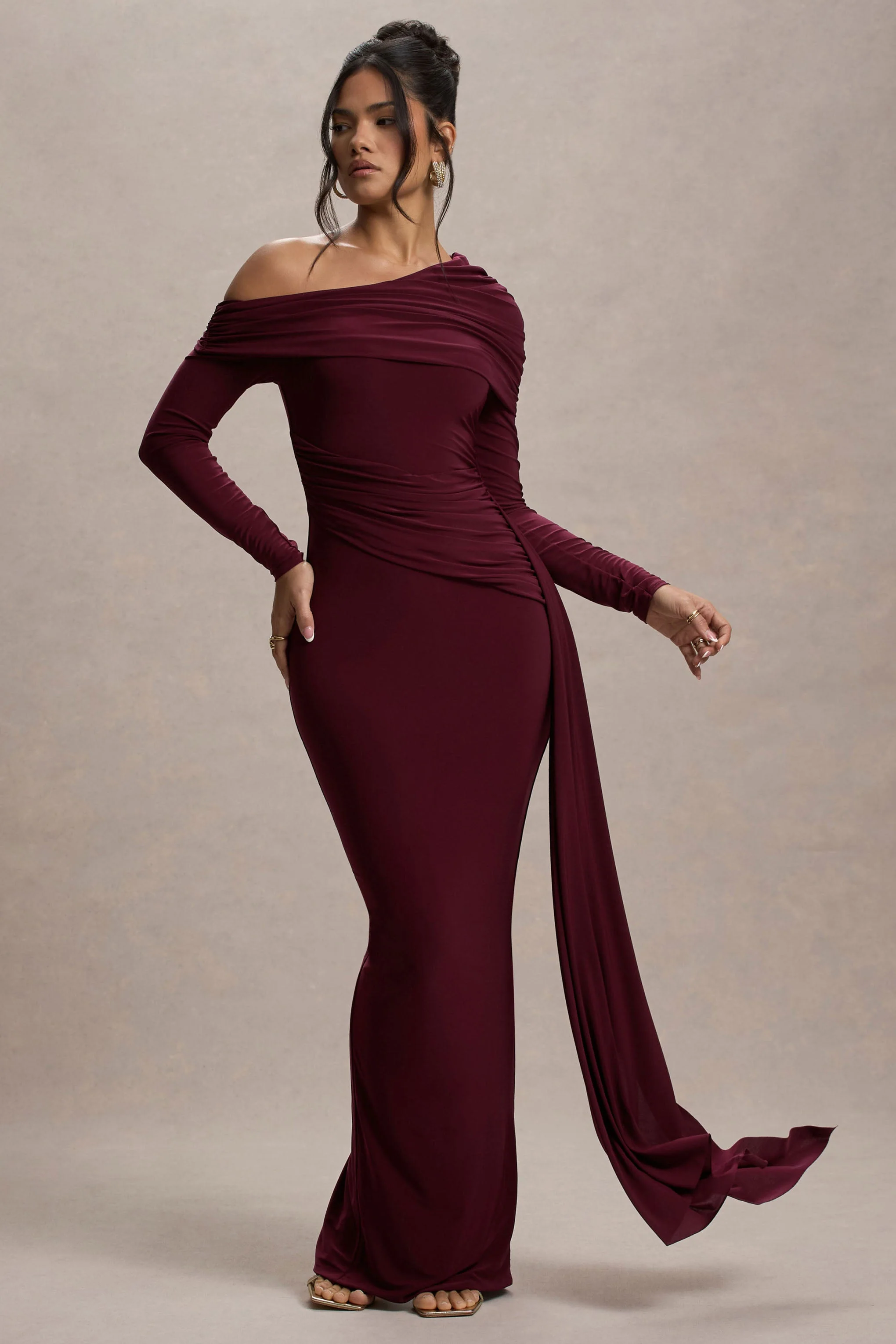 Valina | Burgundy Ruched Asymmetric Maxi Dress With Drape - Image 5