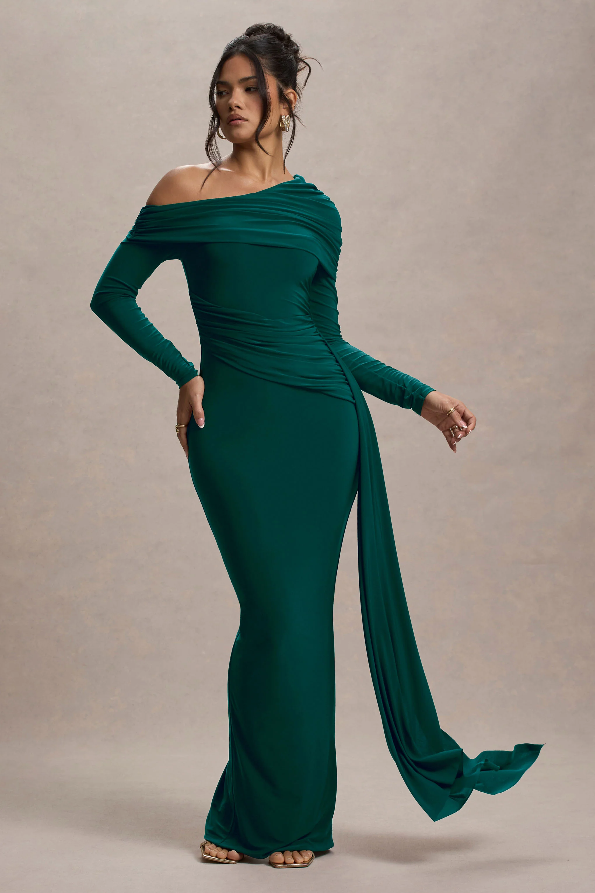 Valina | Green Ruched Asymmetric Maxi Dress With Drape - Image 4