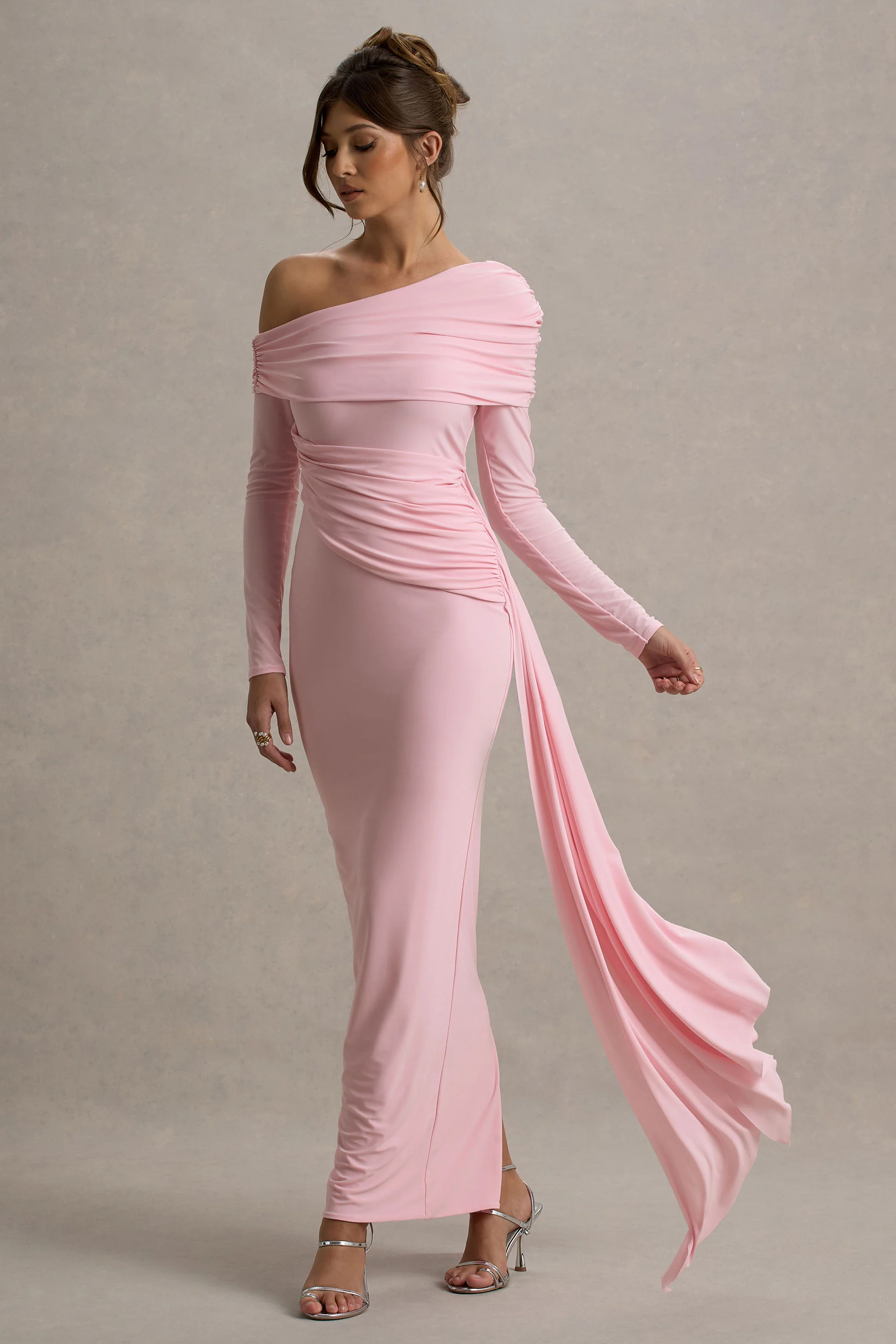 Valina | Pink Ruched Asymmetric Maxi Dress With Drape - Image 3