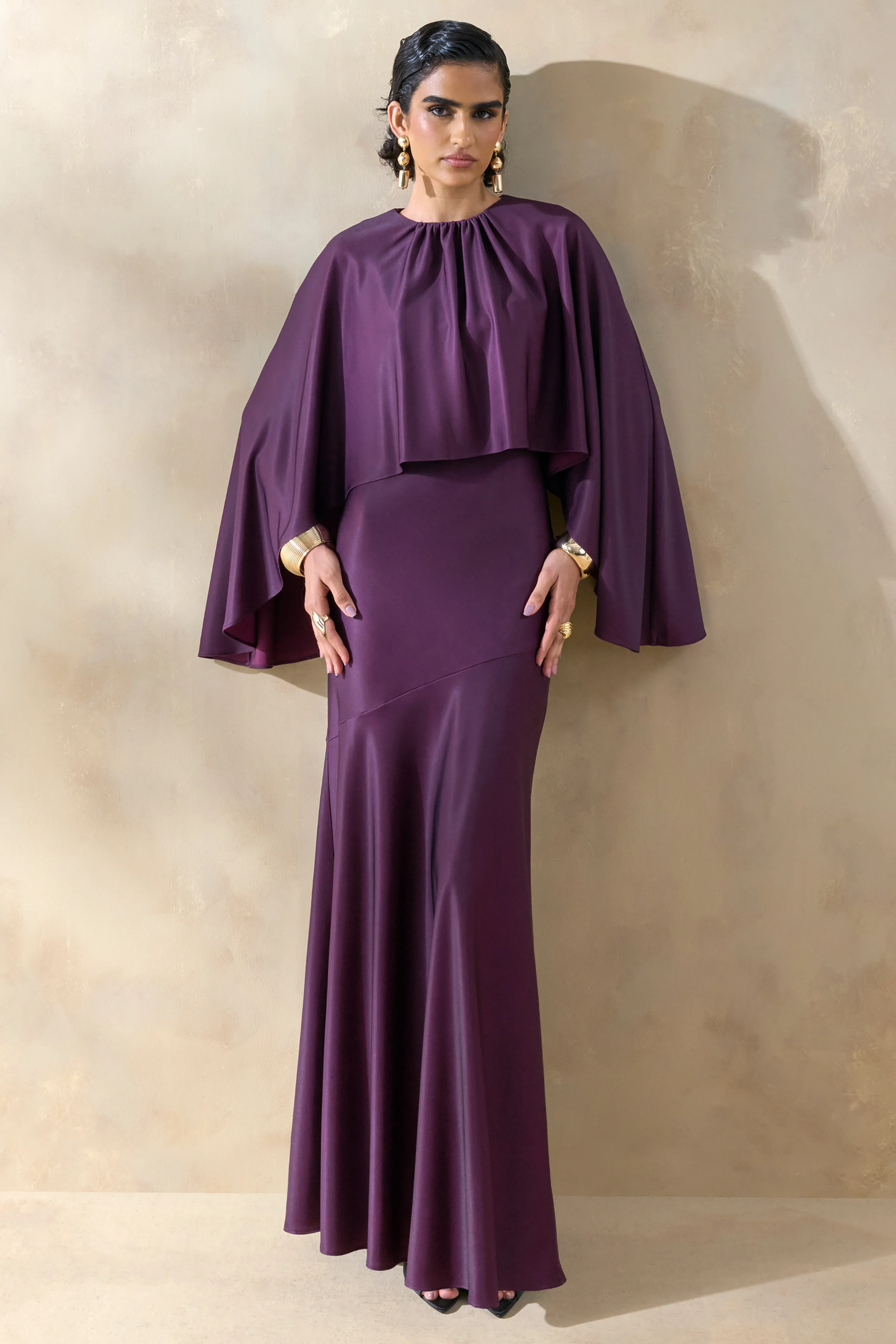Vanthea | Dark Plum Satin Round-Neck Maxi Dress With Cape-Sleeves - Image 5