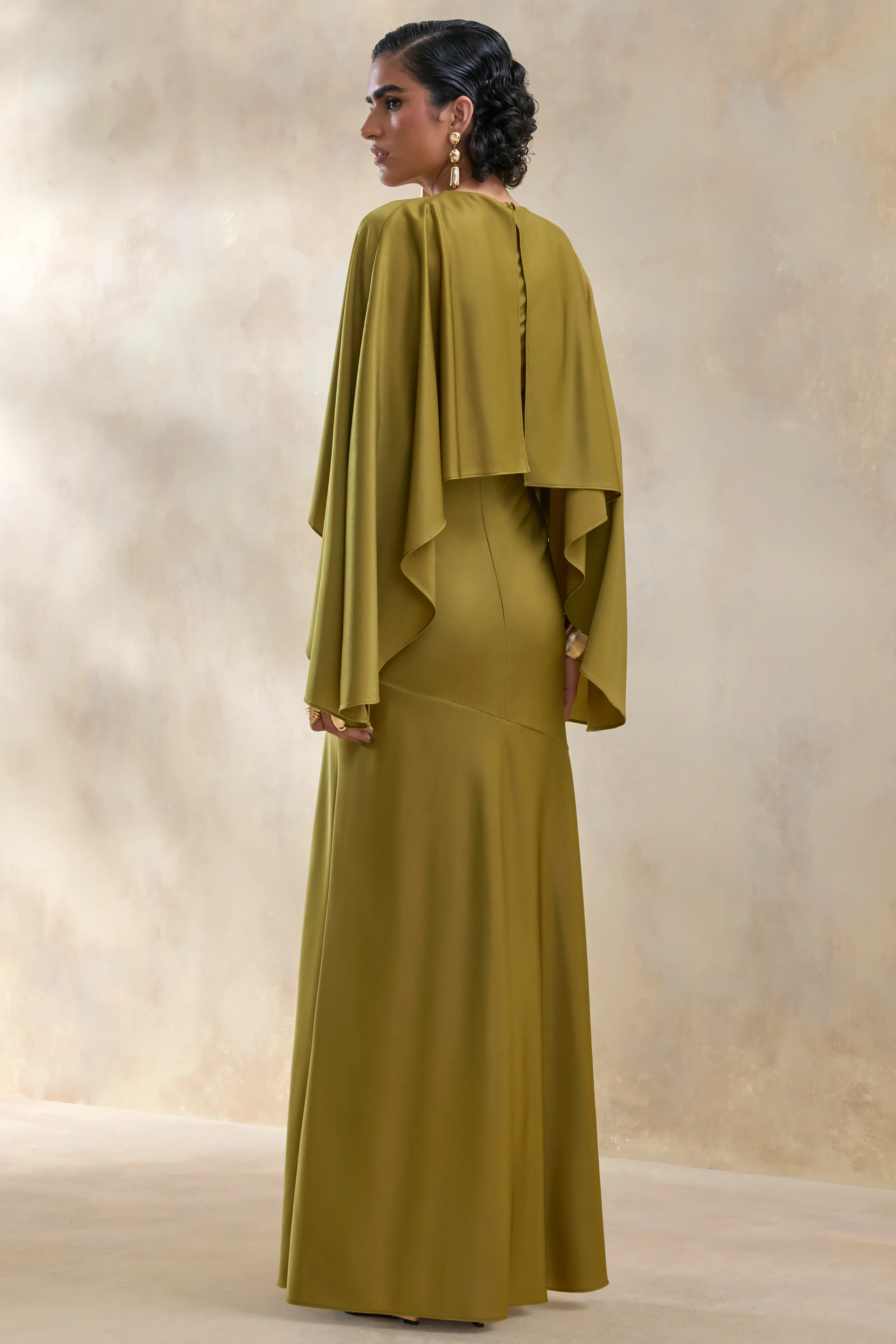 Vanthea | Olive Satin Round-Neck Maxi Dress With Cape-Sleeves - Image 2