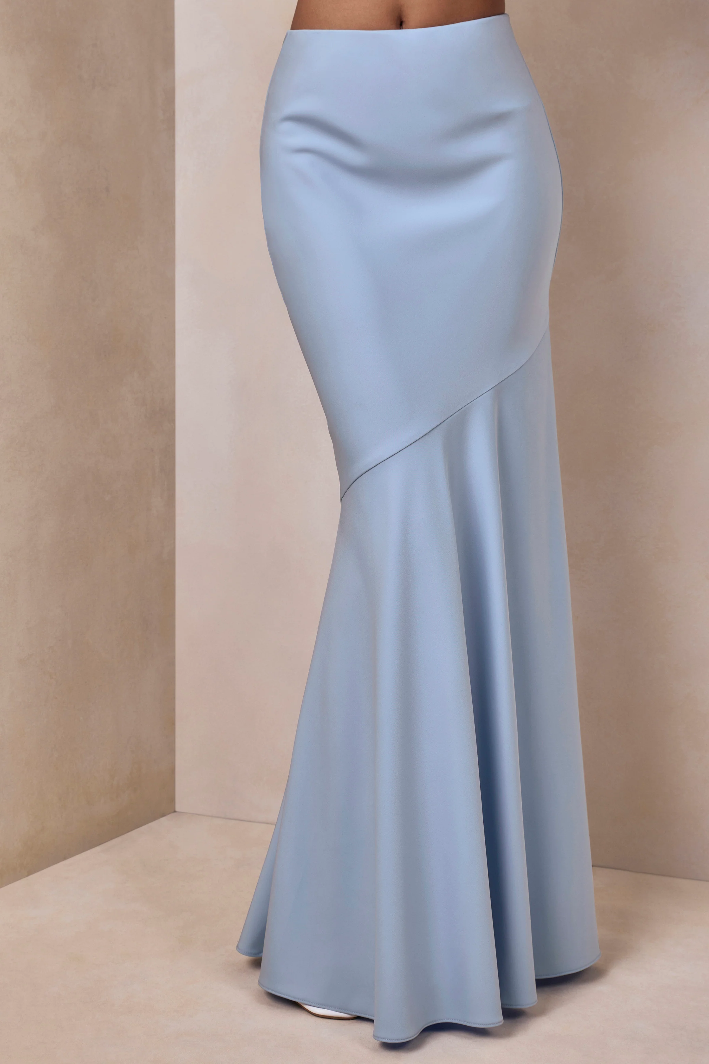 Vayla | Powder Blue Matte Satin Asymmetric Drop-Waist Maxi Skirt - Image 3