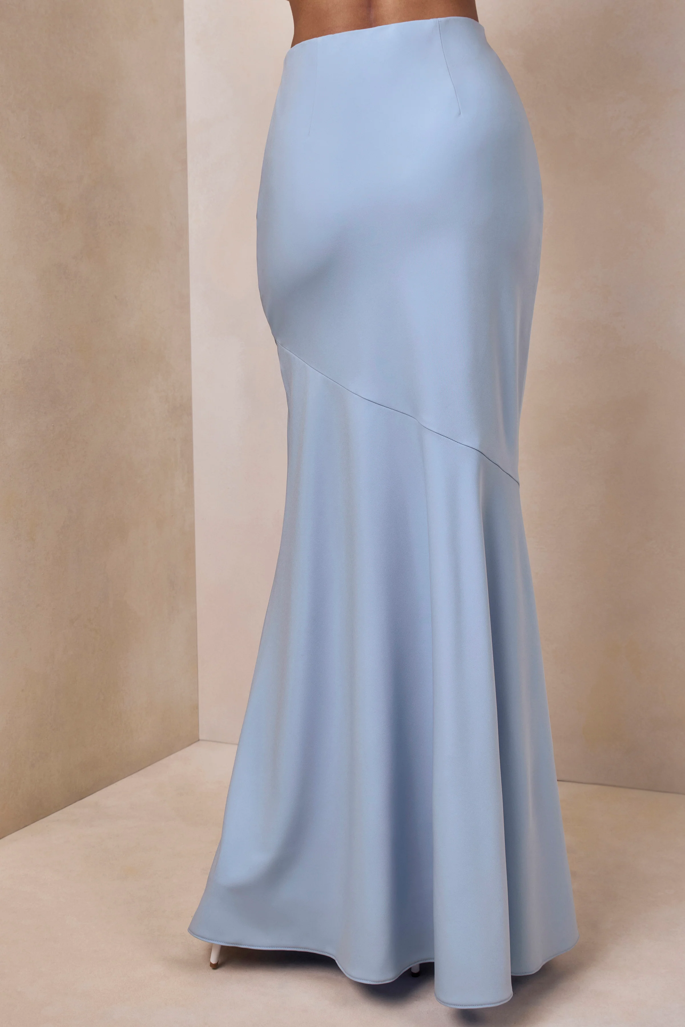 Vayla | Powder Blue Matte Satin Asymmetric Drop-Waist Maxi Skirt - Image 4