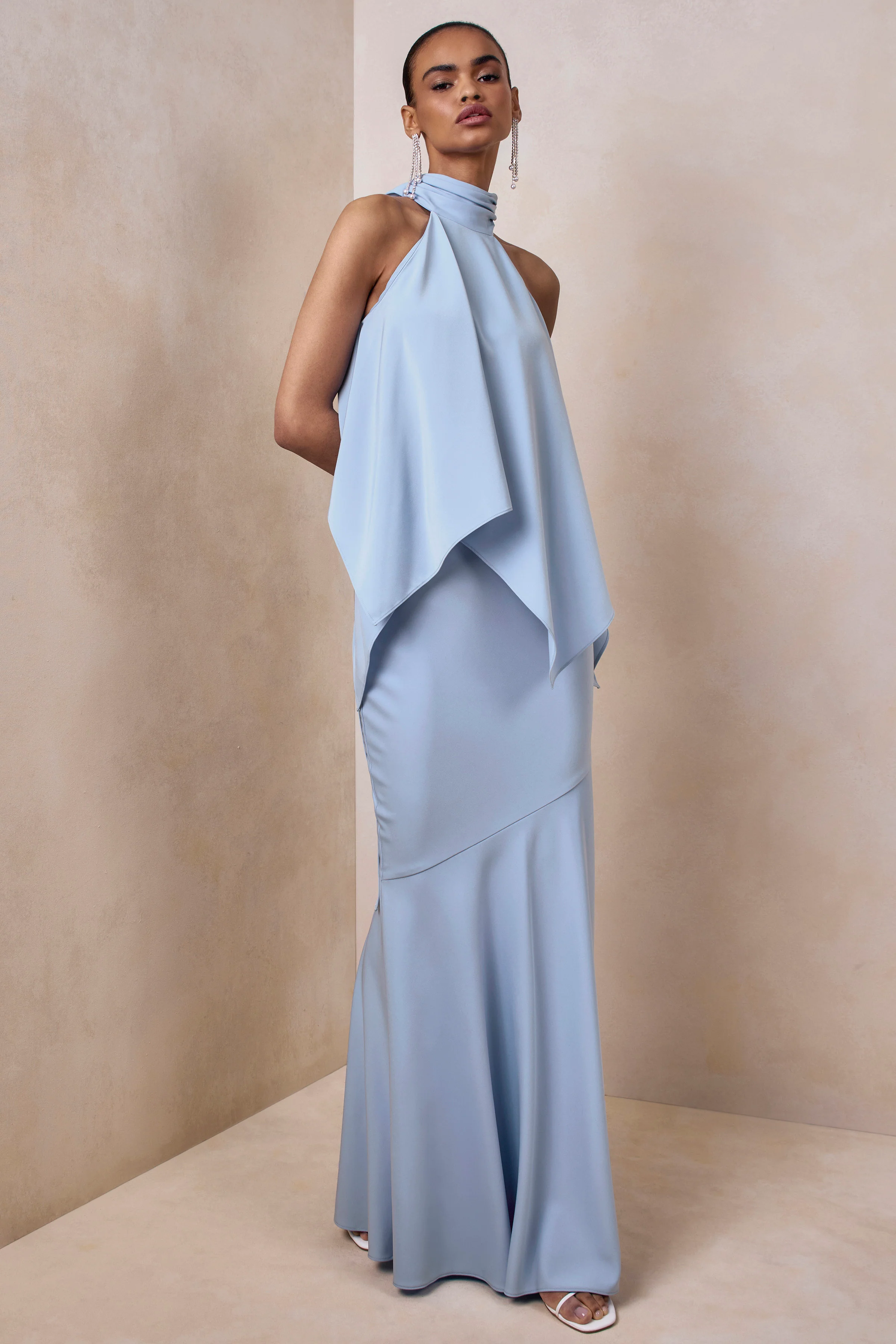 Vayla | Powder Blue Matte Satin Asymmetric Drop-Waist Maxi Skirt - Image 5