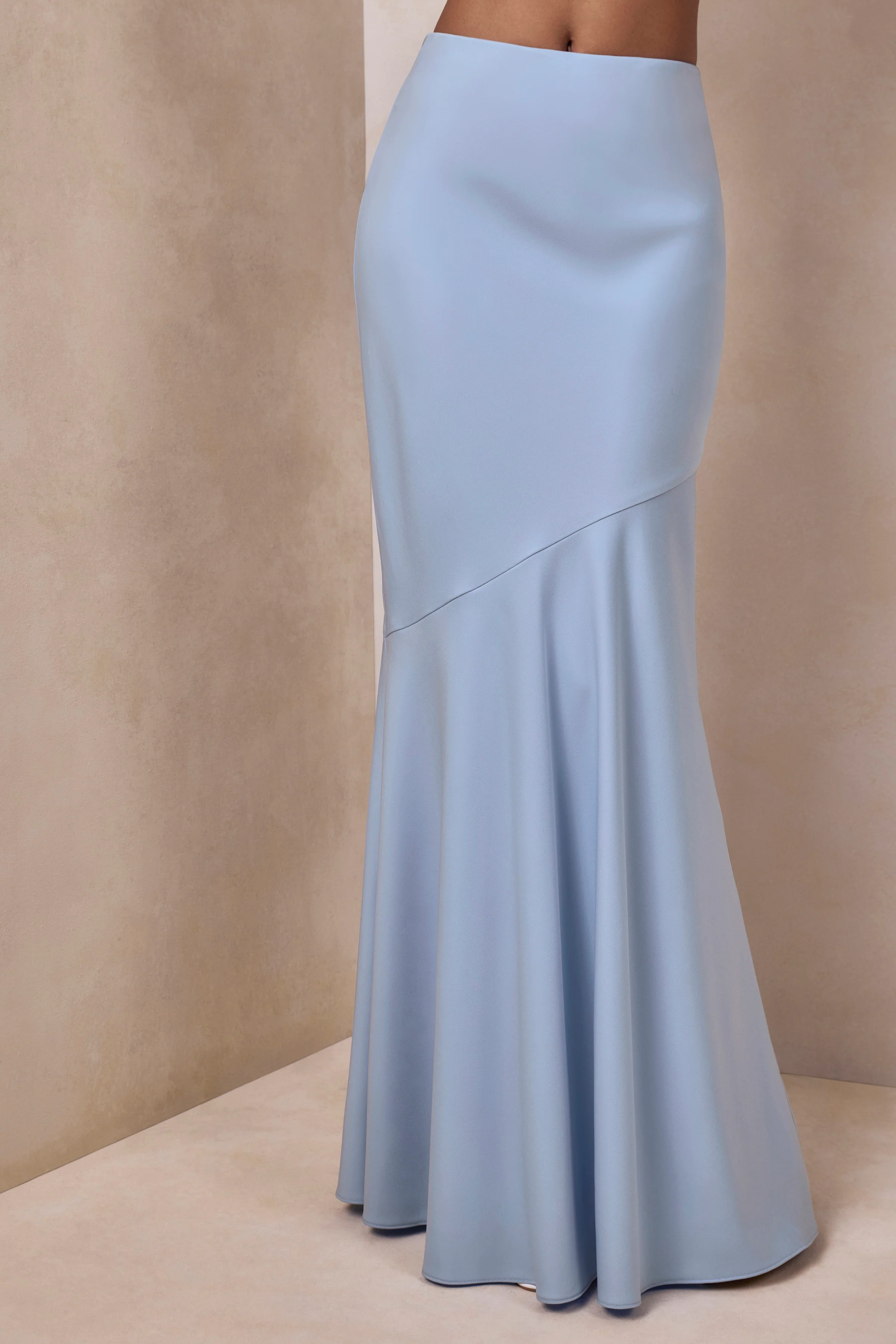 Vayla | Powder Blue Matte Satin Asymmetric Drop-Waist Maxi Skirt - Image 8