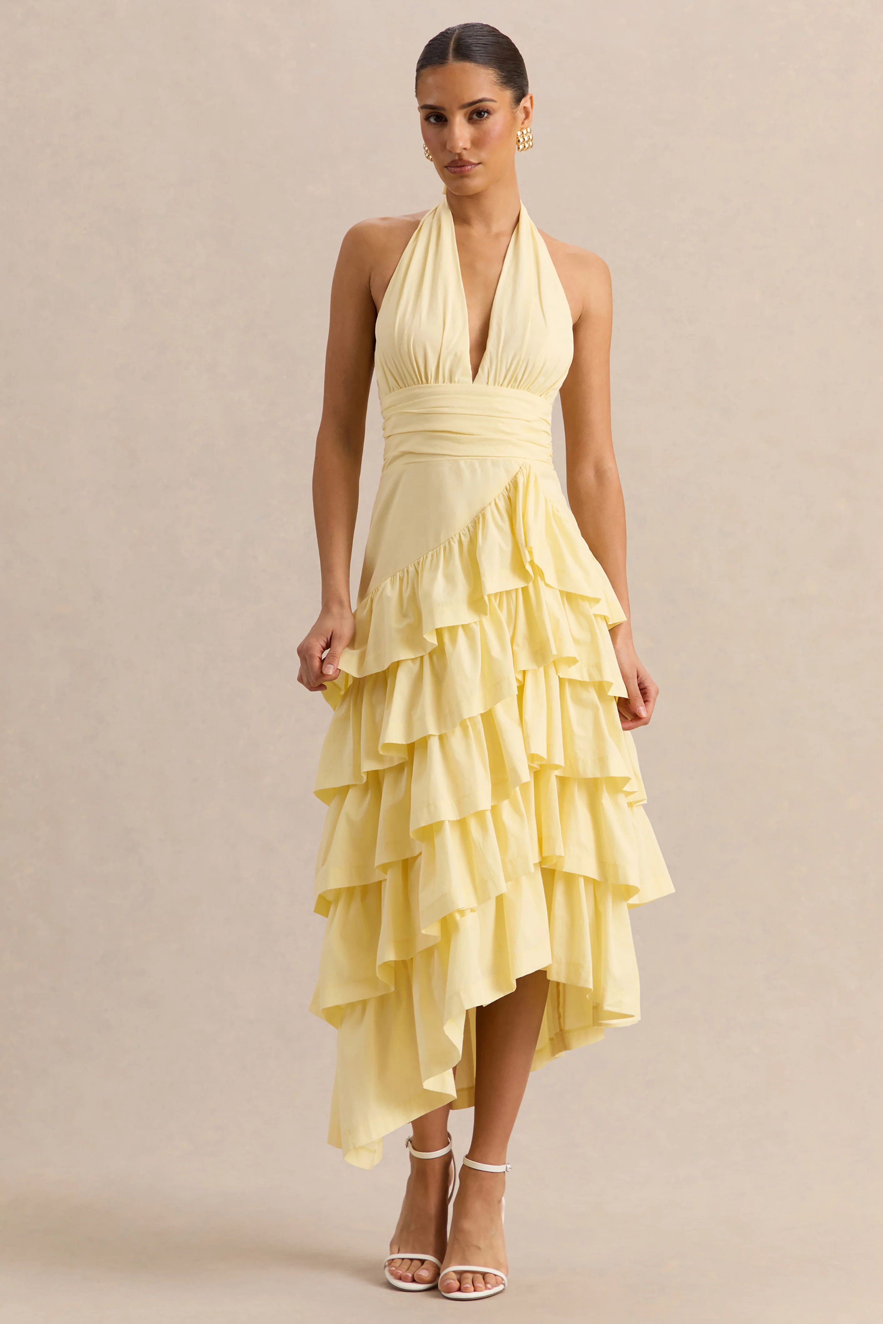 Velora | Lemon Asymmetric Midi Dress With Tiered-Ruffled Skirt