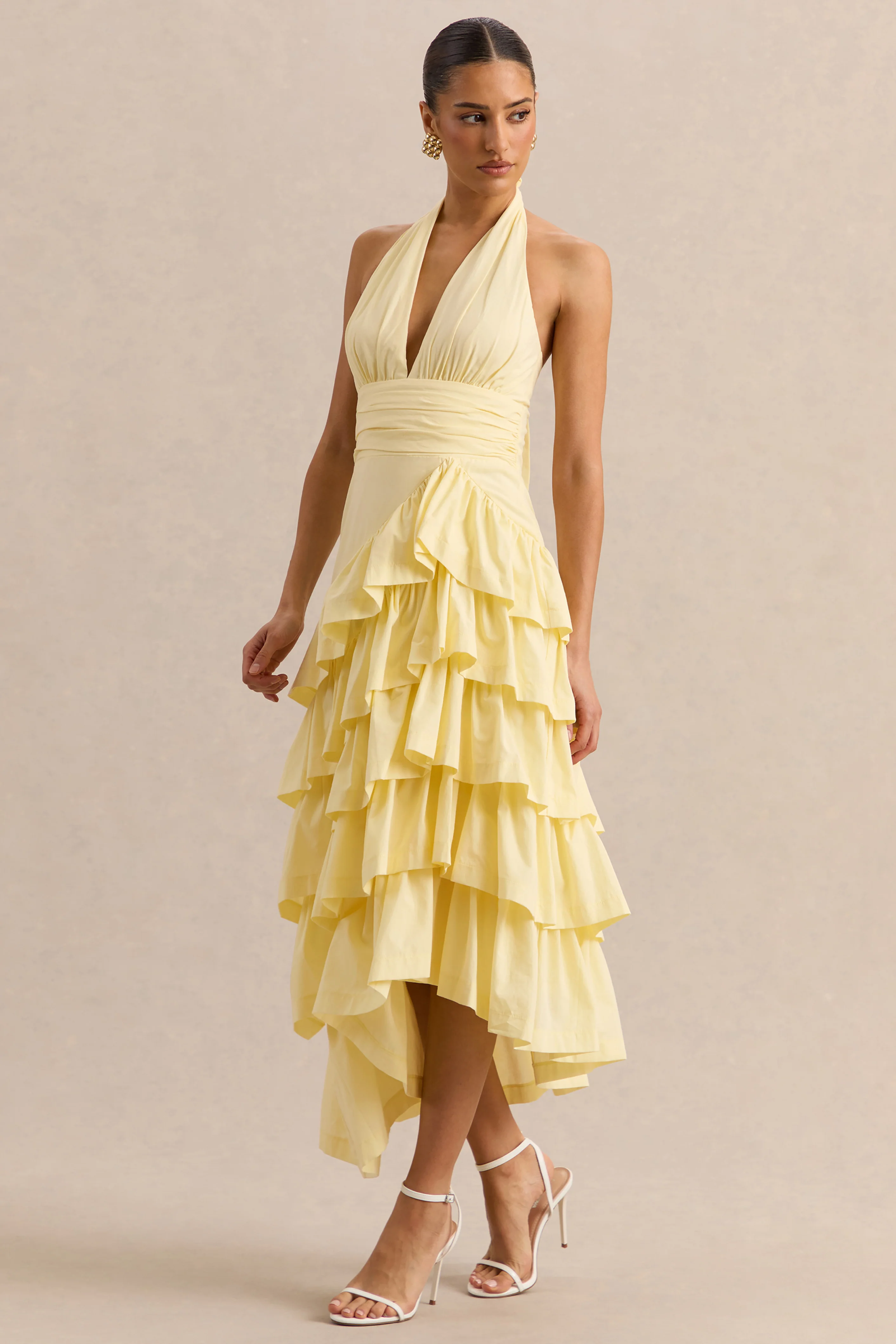 Velora | Lemon Asymmetric Midi Dress With Tiered-Ruffled Skirt - Image 4