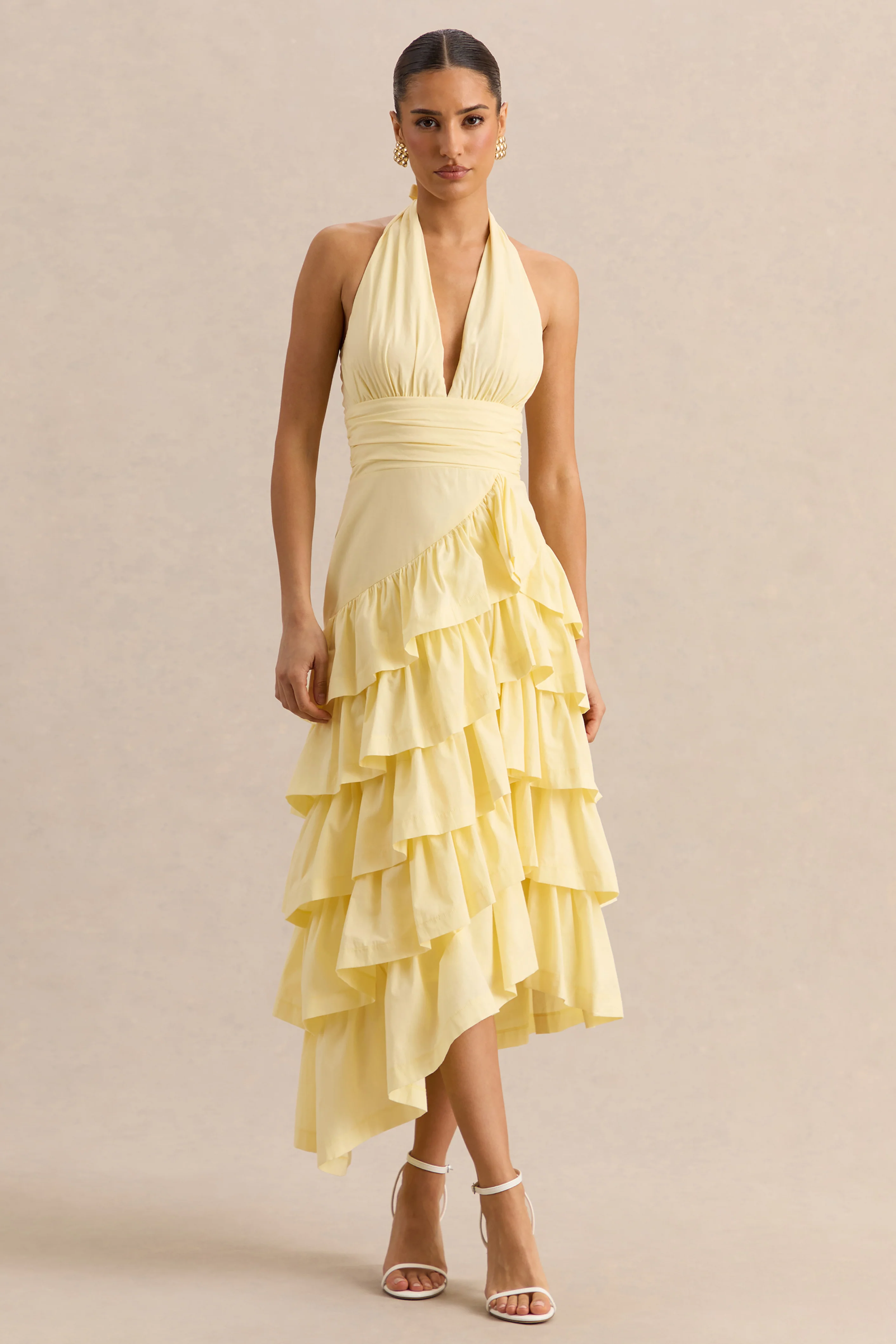Velora | Lemon Asymmetric Midi Dress With Tiered-Ruffled Skirt - Image 5